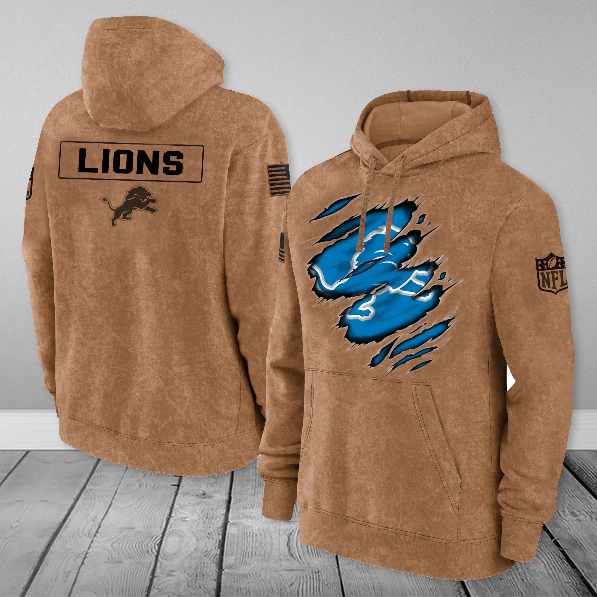 Detroit Lions NFL Brown Distressed Logo Salute To Service 2023 3D Hoodie PH1043