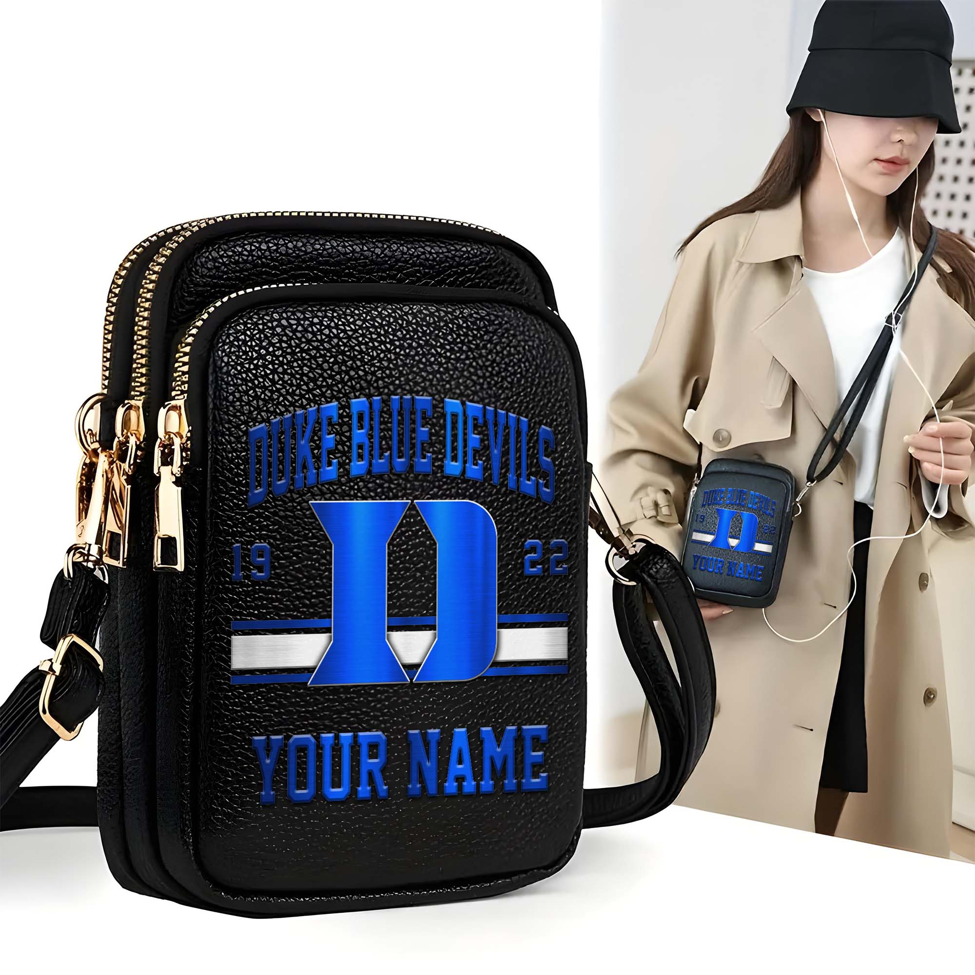 Duke Blue Devils Customized Womens Mobile Phone Bag With Your Name, Leather Crossbody Bag, Fan Gifts