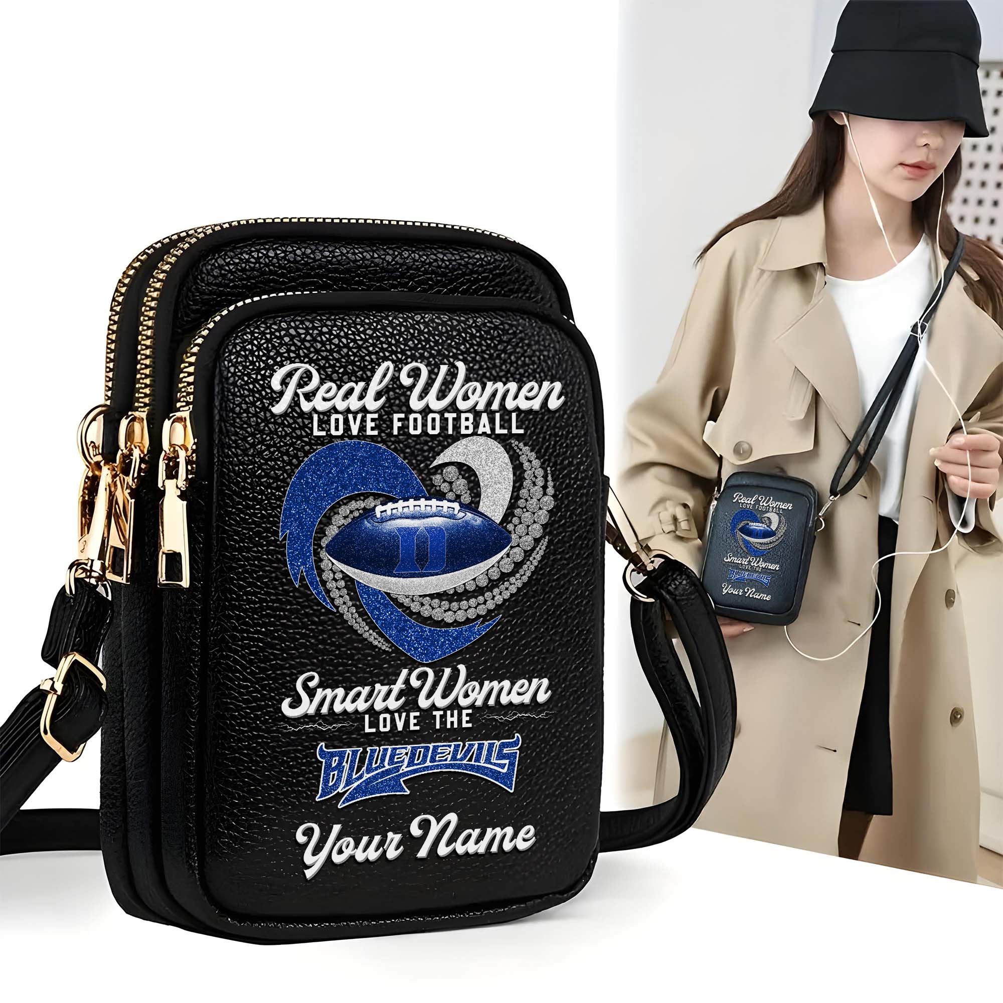 Duke Blue Devils Customized Womens Mobile Phone Bag With Your Name, Leather Crossbody Bag, Fan Gifts
