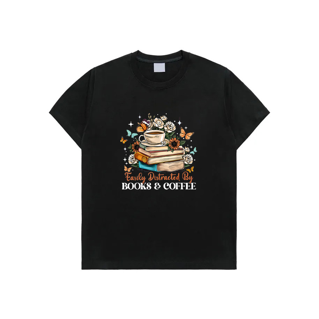 Easily Distracted By Books Coffee Floral Book Lover Retro T-Shirt