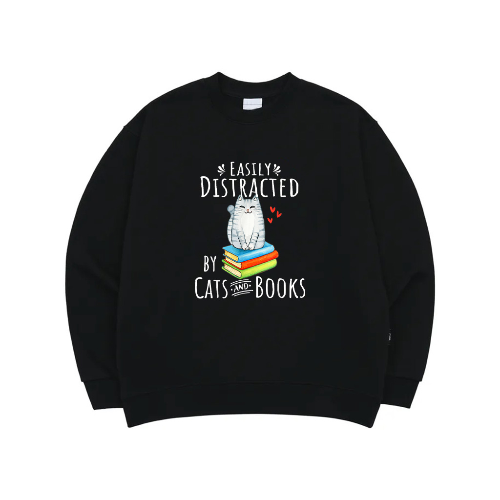 Easily Distracted By Cats And Books Funny Cat Book Lover Sweatshirt
