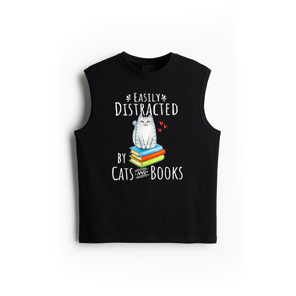 Easily Distracted By Cats And Books Funny Cat Book Lover Tank Top