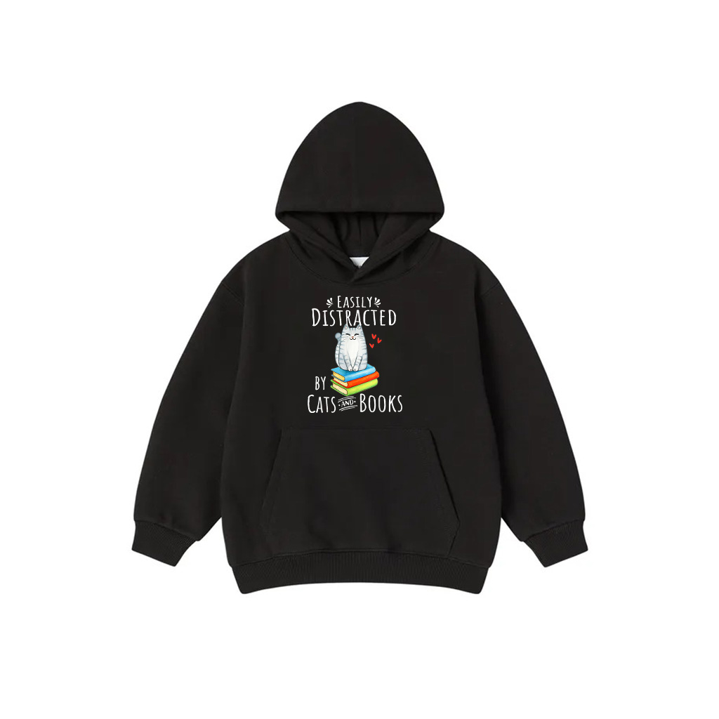 Easily Distracted By Cats And Books Funny Cat Book Lover Hoodie