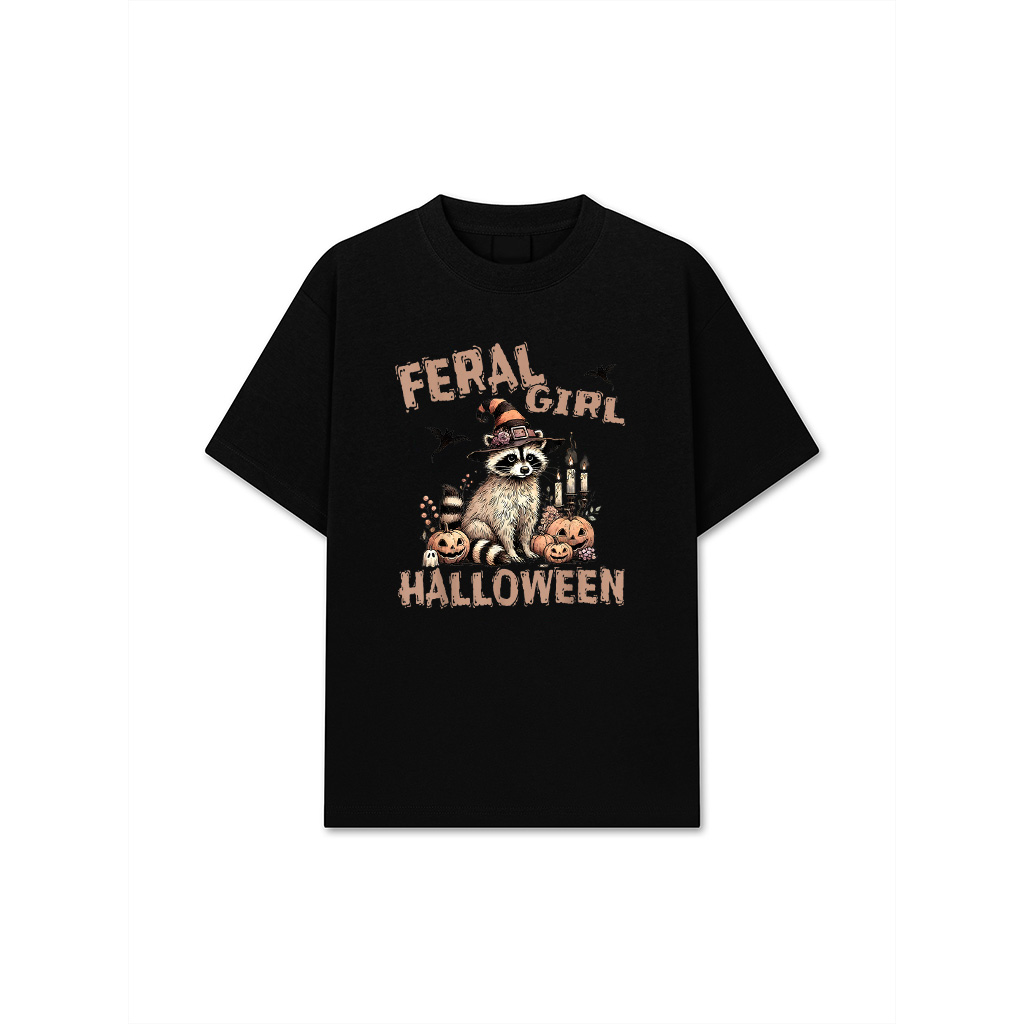 Feral Girl Halloween Racoon Witch Hat Vintage Retro Cute T-Shirt