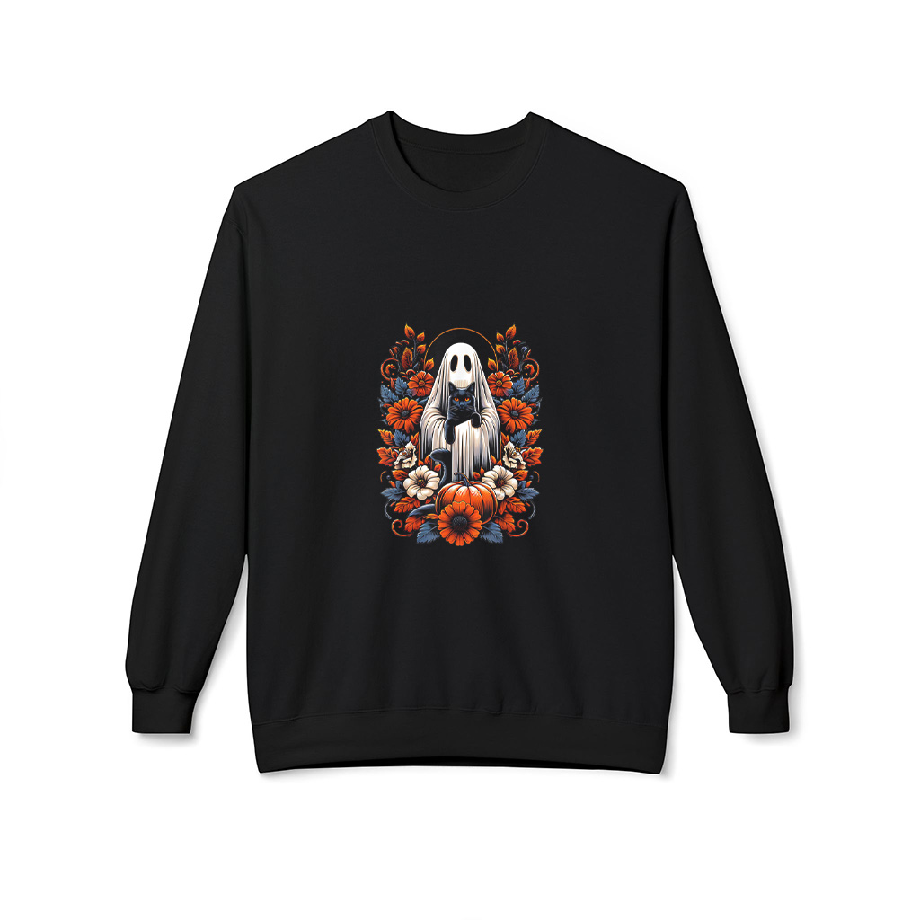 Floral Spooky Ghost Holding Black Cat Vintage Halloween Sweatshirts