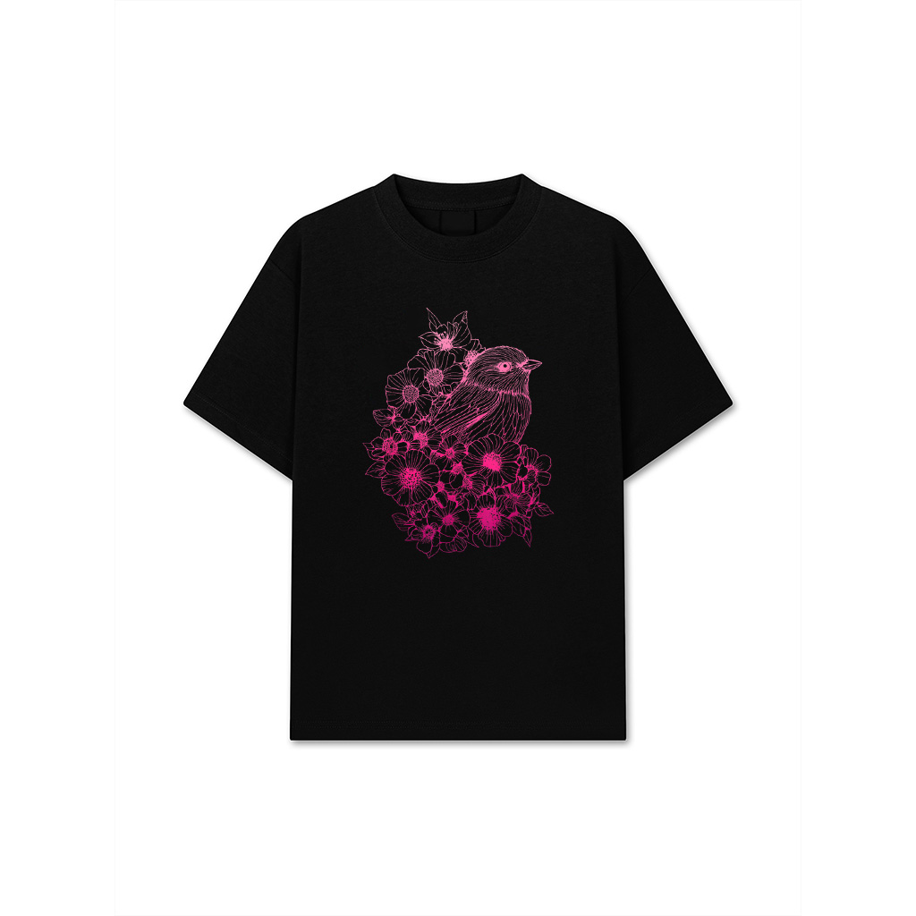 Floral Tit Bird Minimalist Line Art Flowers Illustration T-Shirt