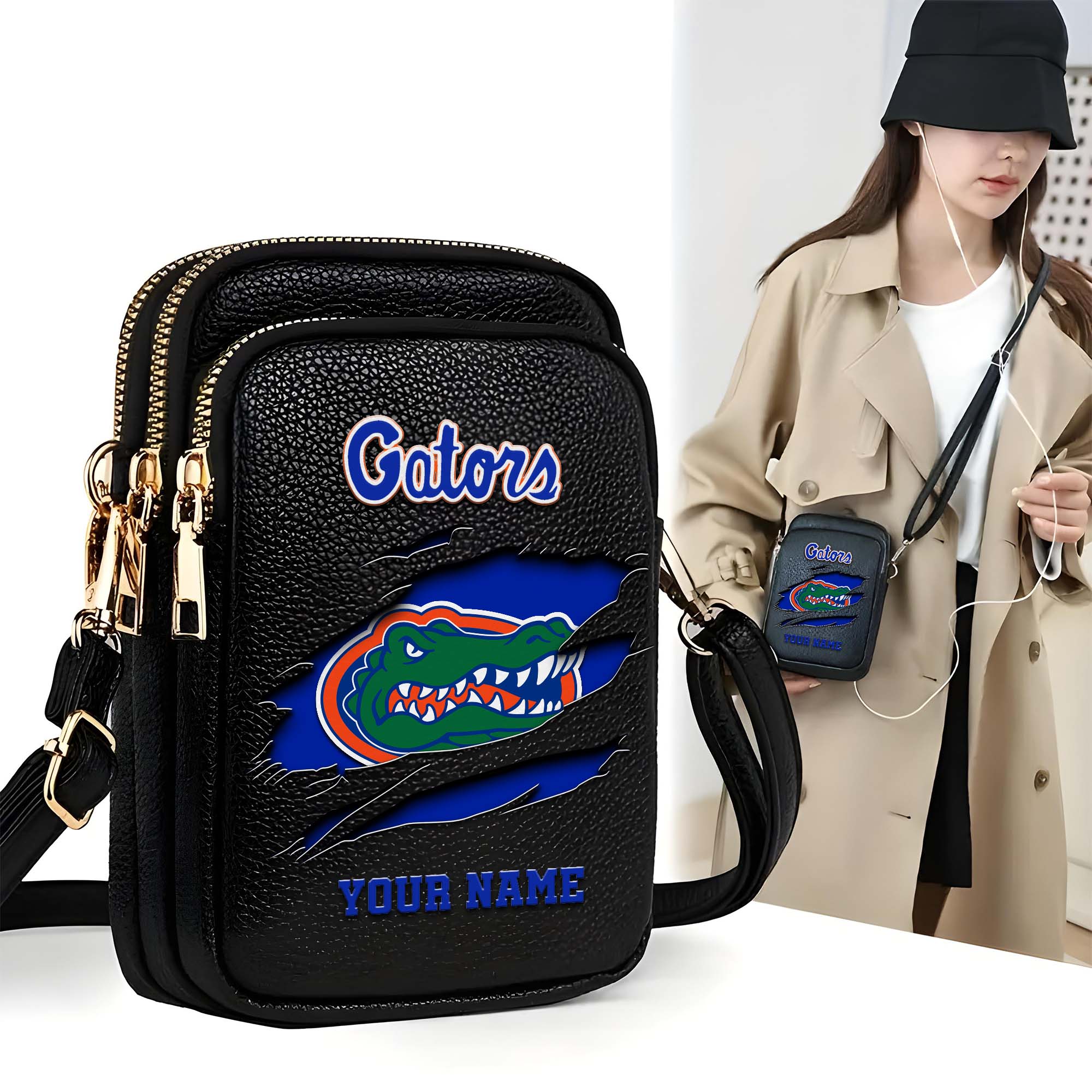 Florida Gators Customized Womens Mobile Phone Bag With Your Name, Leather Crossbody Bag, Fan Gifts