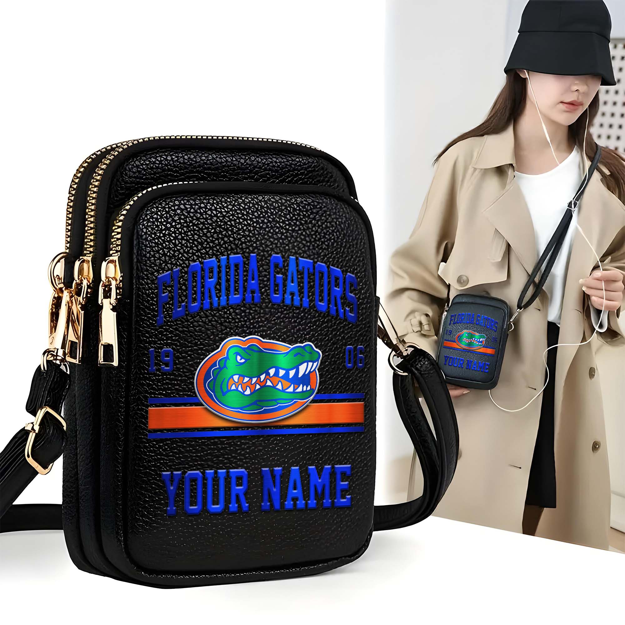 Florida Gators Customized Womens Mobile Phone Bag With Your Name, Leather Crossbody Bag, Fan Gifts