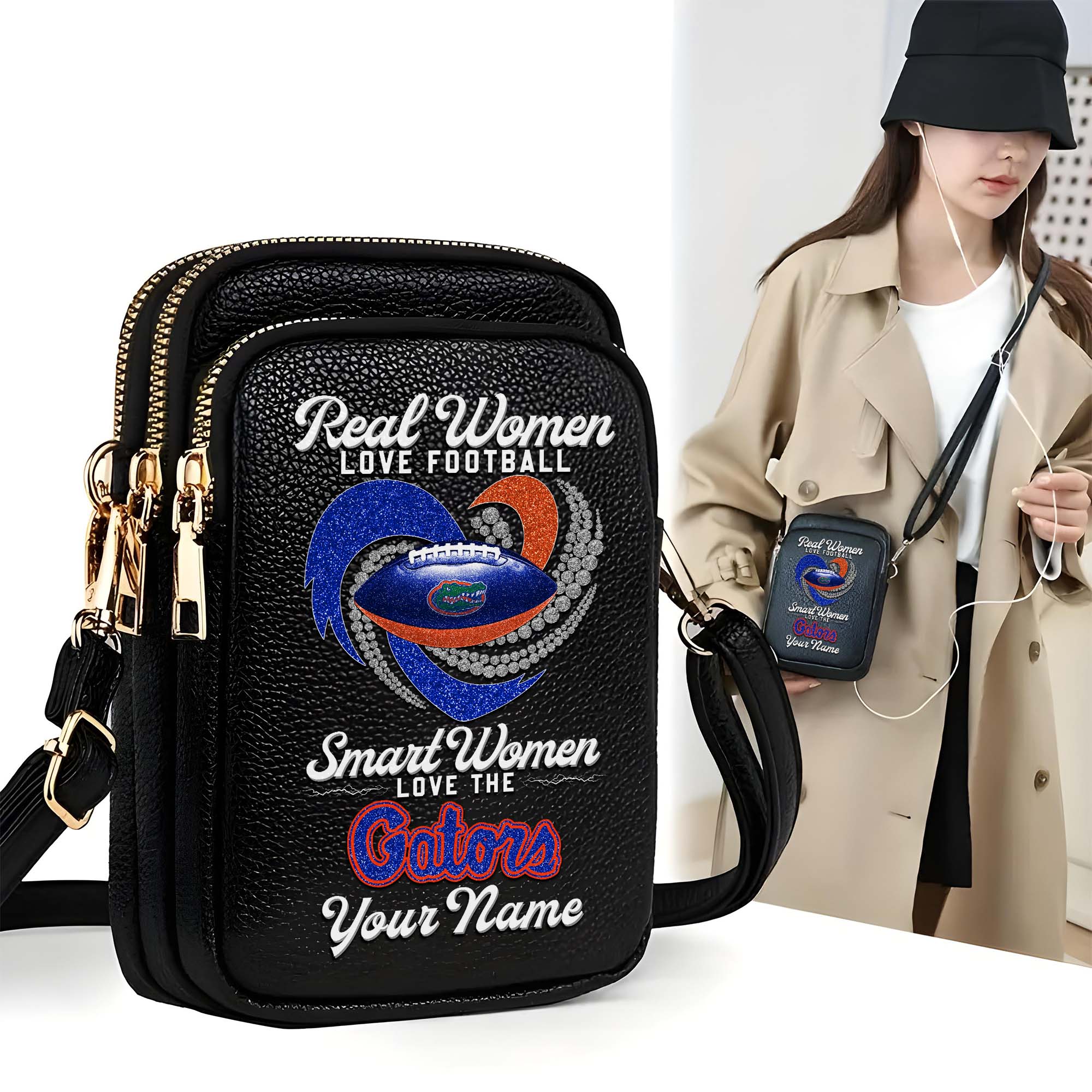 Florida Gators Customized Womens Mobile Phone Bag With Your Name, Leather Crossbody Bag, Fan Gifts