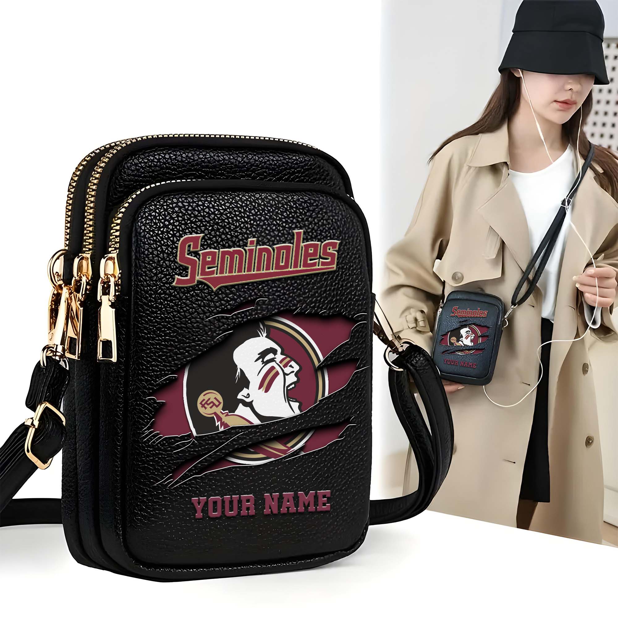 Florida State Seminoles Customized Womens Mobile Phone Bag With Your Name, Leather Crossbody Bag, Fan Gifts