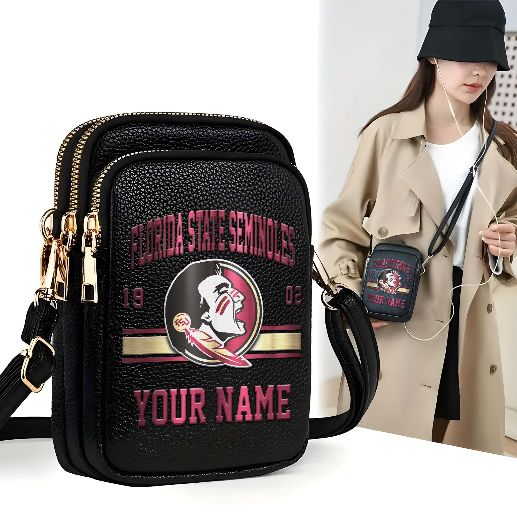 Florida State Seminoles Customized Womens Mobile Phone Bag With Your Name, Leather Crossbody Bag, Fan Gifts