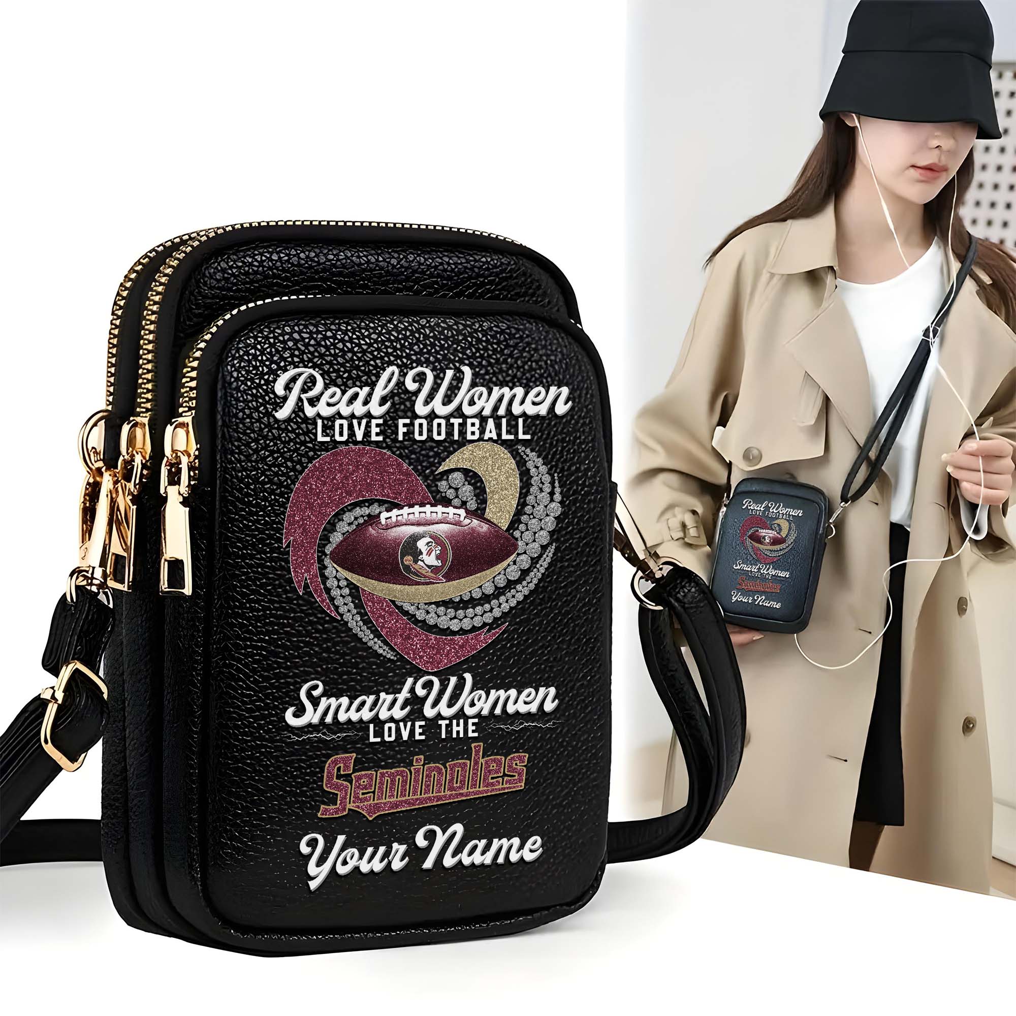 Florida State Seminoles Customized Womens Mobile Phone Bag With Your Name, Leather Crossbody Bag, Fan Gifts