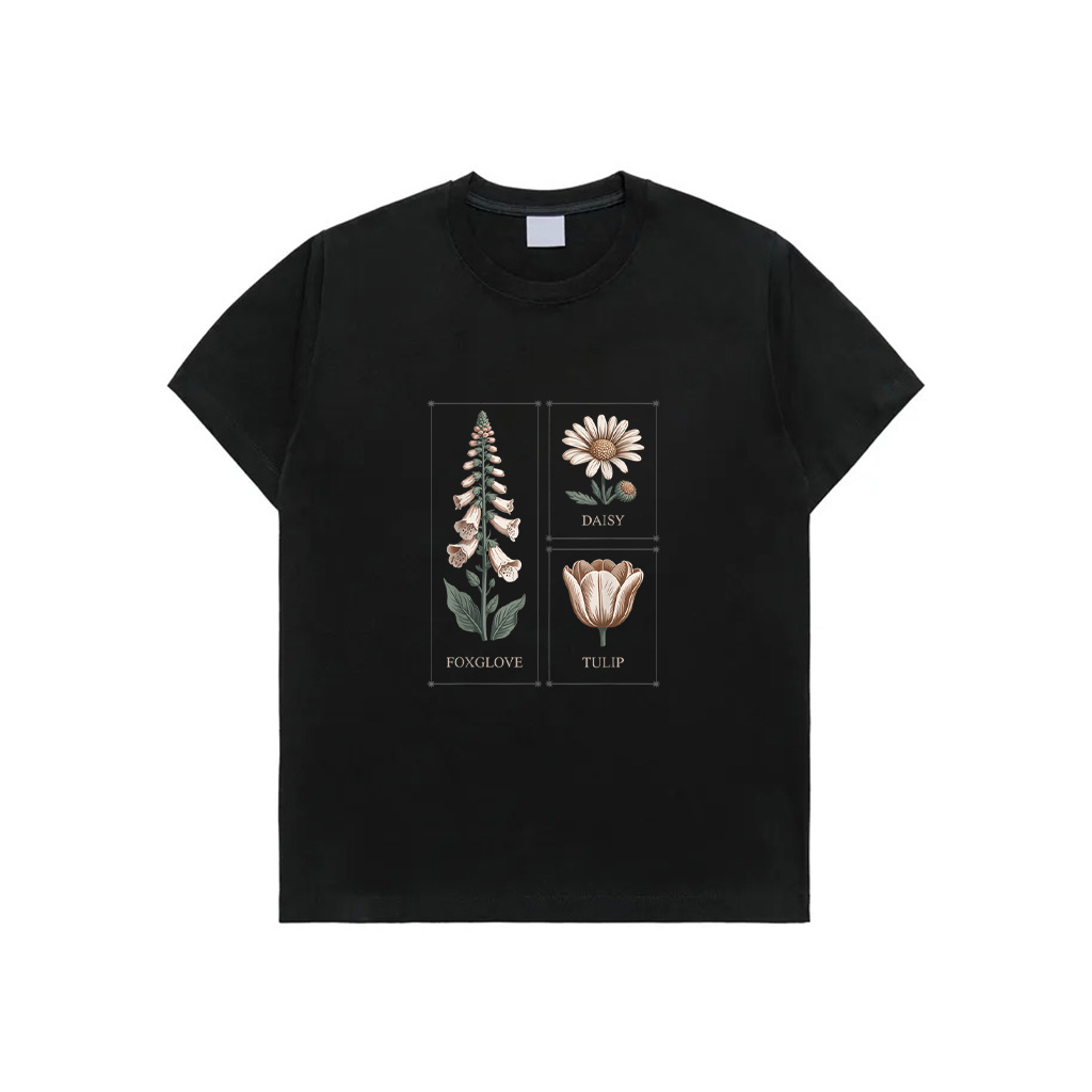 Foxglove Daisy Tulip Botanical Line Art T-Shirt