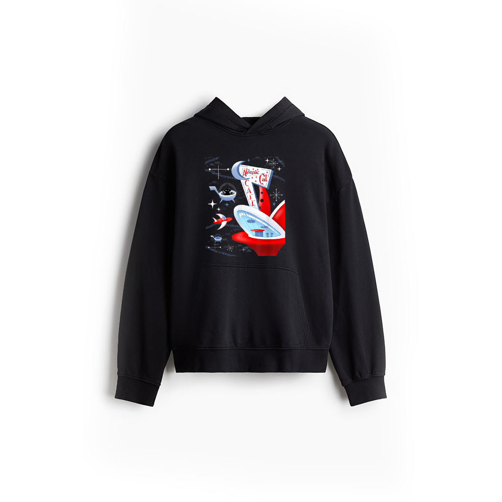 Funny Atomic Cat Cafe Retro Futuristic Spaceport Mid Century Hoodie