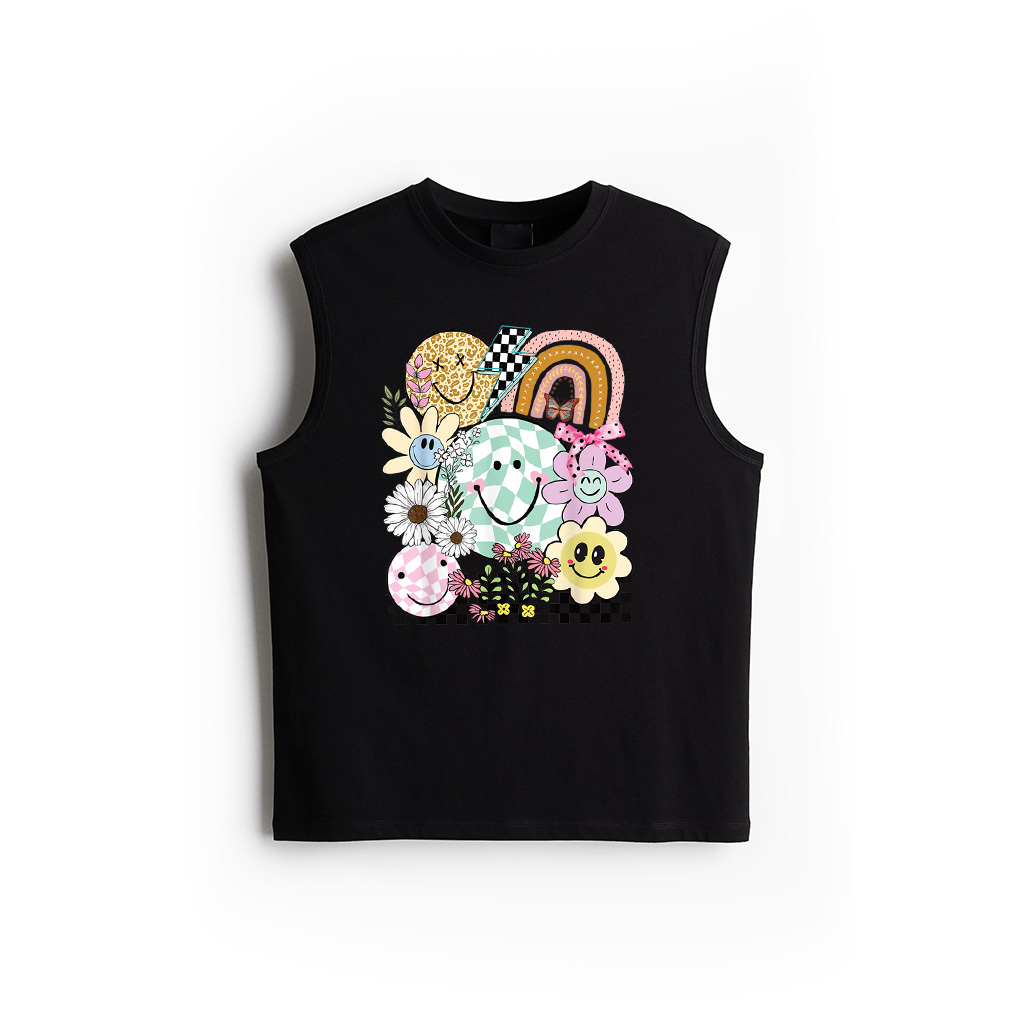 Funny Checkered Happy Smiling Smile Face Daisy Flower Girl Tank Top