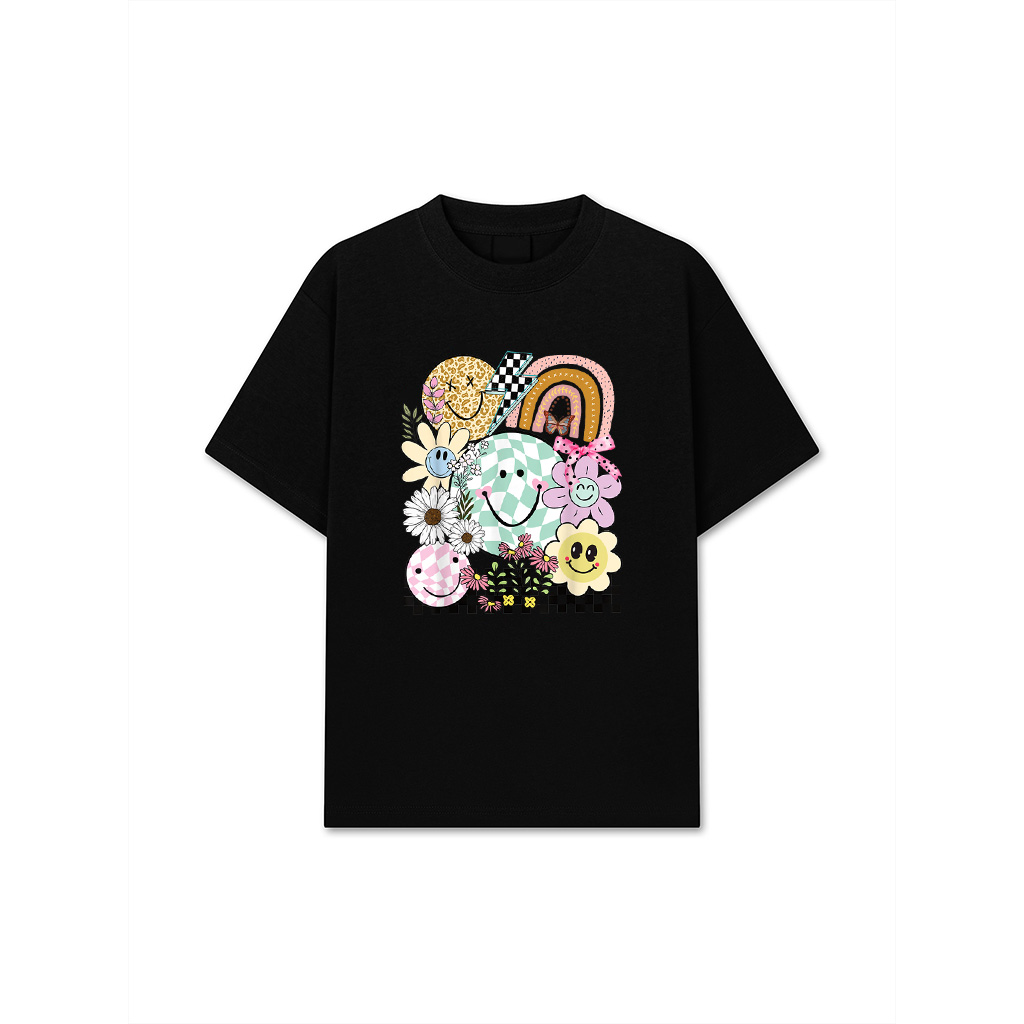 Funny Checkered Happy Smiling Smile Face Daisy Flower Girl T-Shirt
