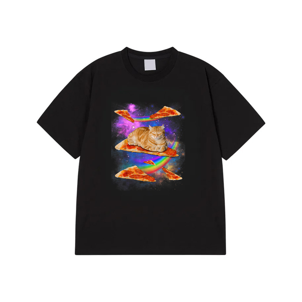 Funny Galaxy Cat In Space Cat Riding Pizza Men Women Kids T-Shirt