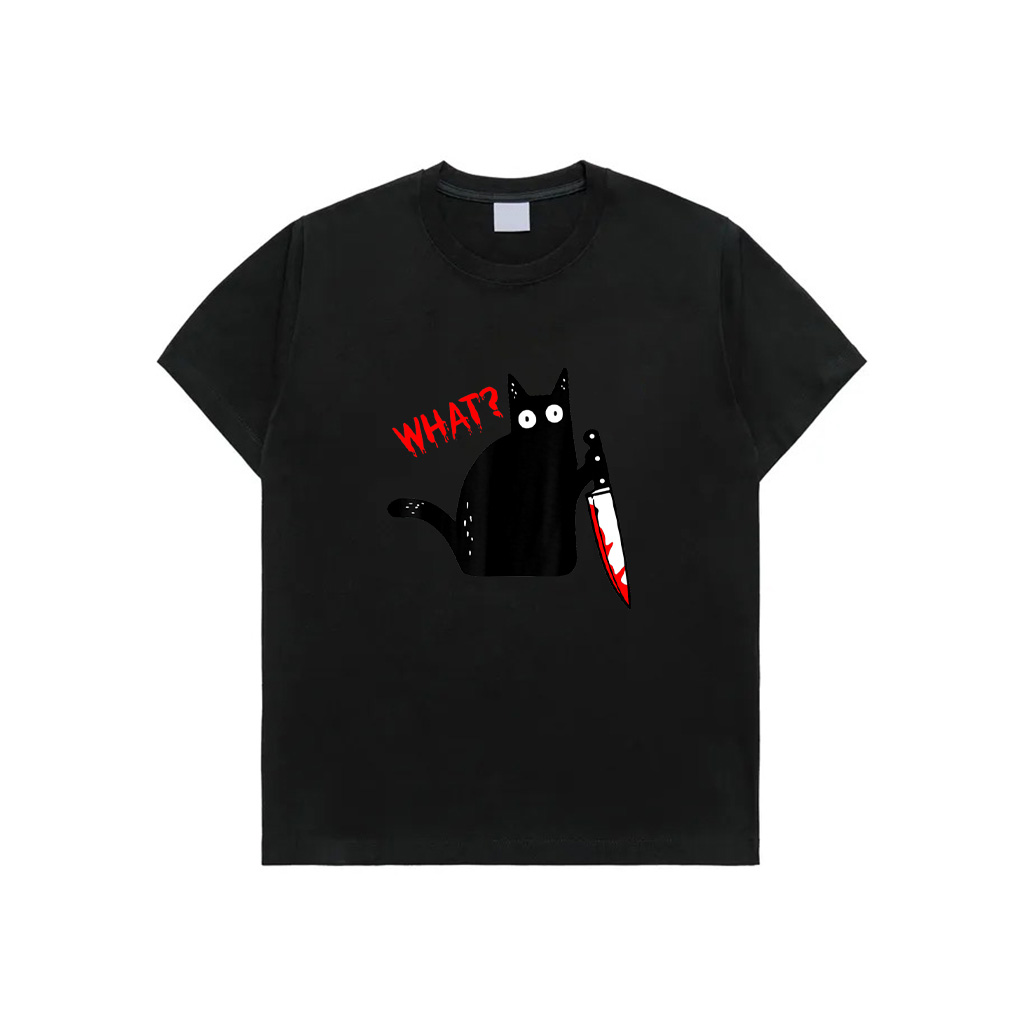 Funny Murderous Black Cat With Knife Black Cat WHAT T-Shirt