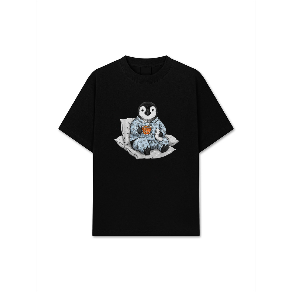 Funny Sleepy Penguin And Tea Lover Humor Pajama Sleepwear T-Shirt