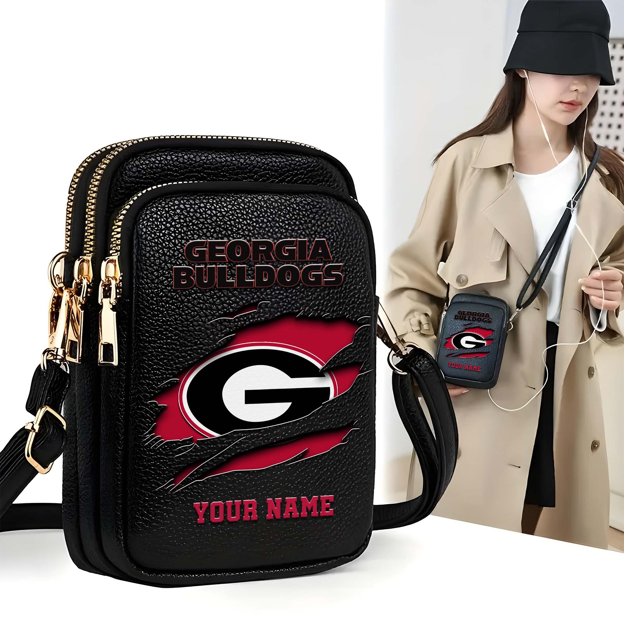 Georgia Bulldogs Customized Womens Mobile Phone Bag With Your Name, Leather Crossbody Bag, Fan Gifts
