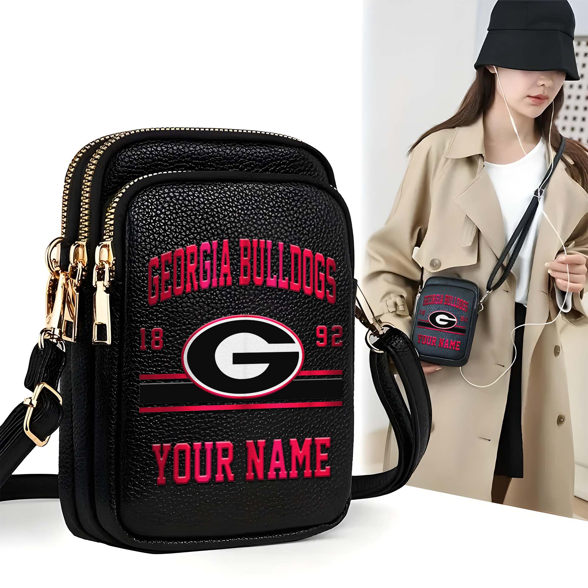 Georgia Bulldogs Customized Womens Mobile Phone Bag With Your Name, Leather Crossbody Bag, Fan Gifts