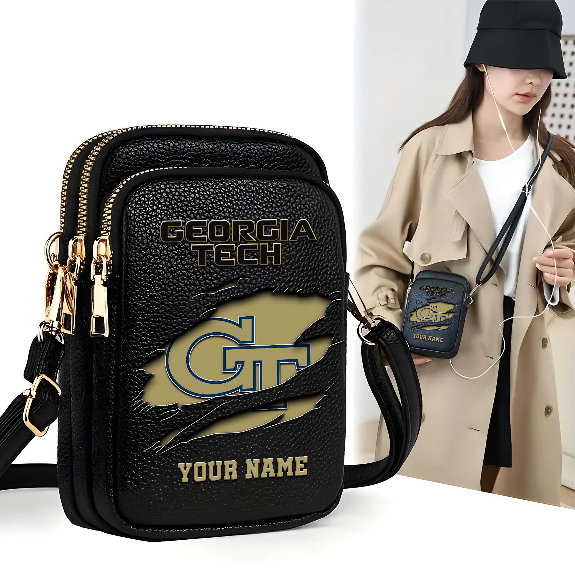 Georgia Tech Yellow Jackets Customized Womens Mobile Phone Bag With Your Name, Leather Crossbody Bag, Fan Gifts