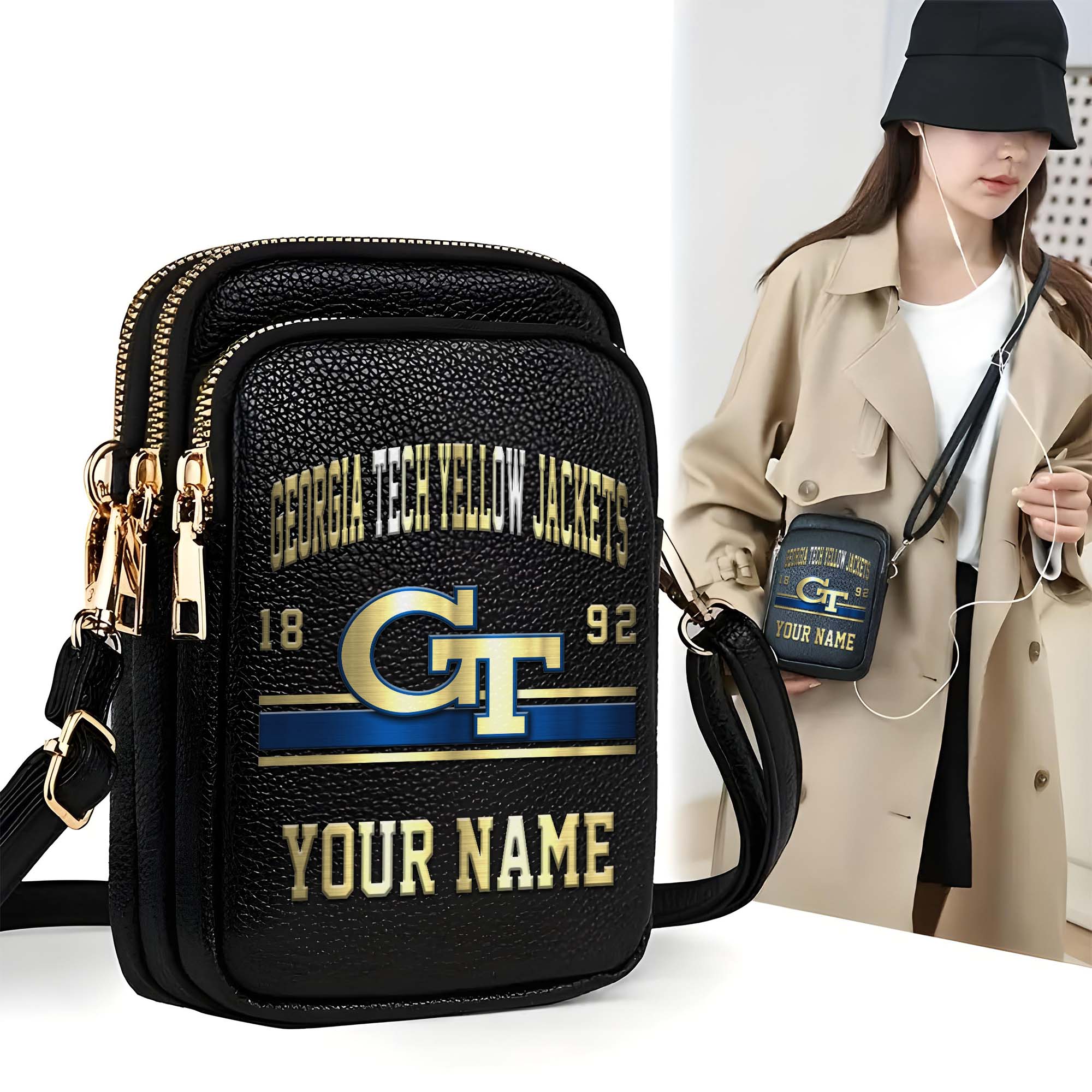 Georgia Tech Yellow Jackets Customized Womens Mobile Phone Bag With Your Name, Leather Crossbody Bag, Fan Gifts