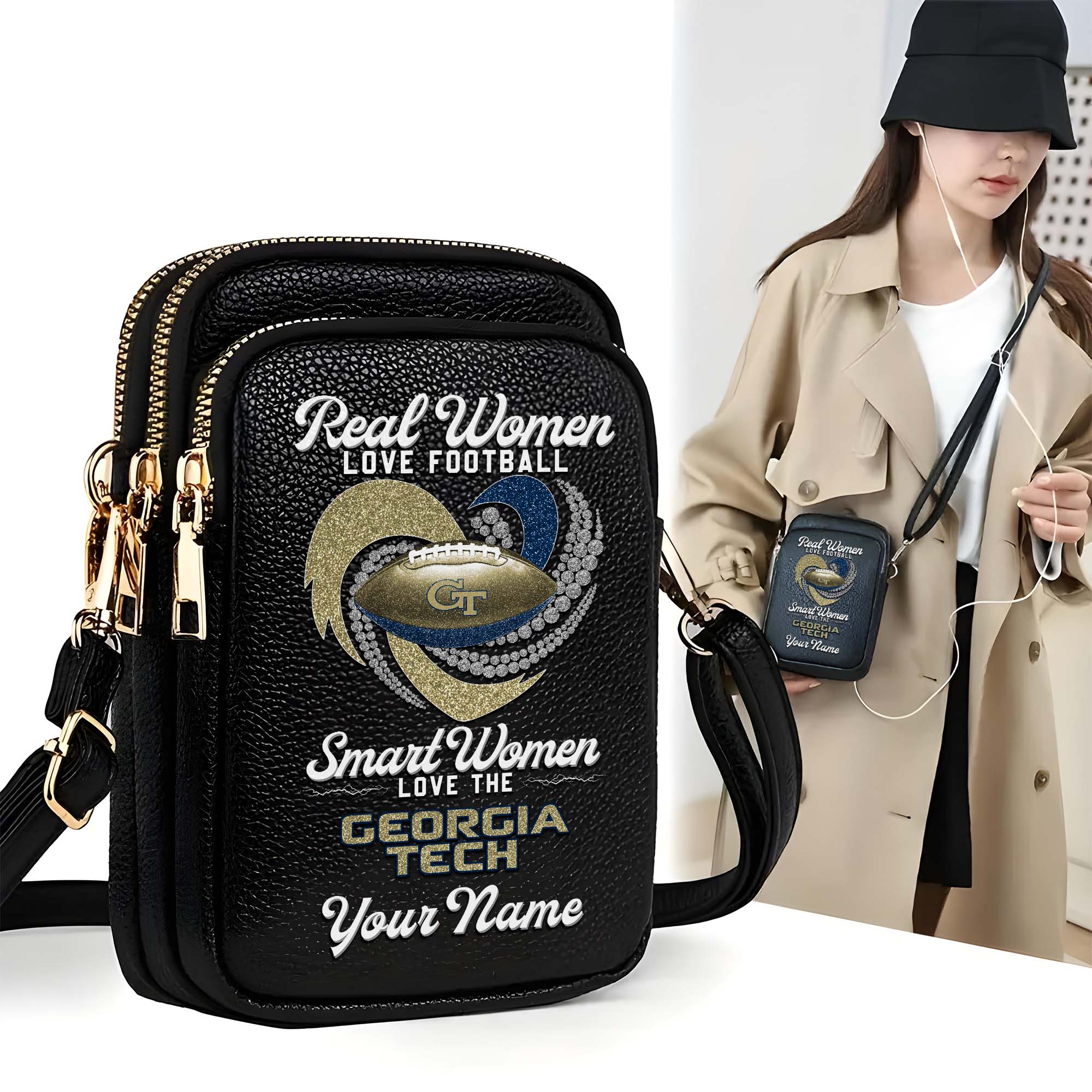 Georgia Tech Yellow Jackets Customized Womens Mobile Phone Bag With Your Name, Leather Crossbody Bag, Fan Gifts