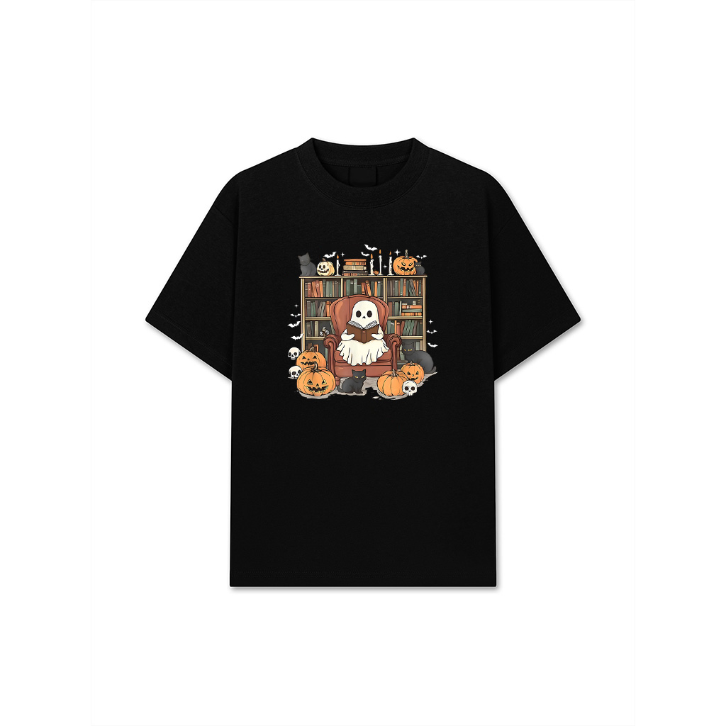 Ghost Library Halloween Book Reading Books Lover Teacher T-Shirt