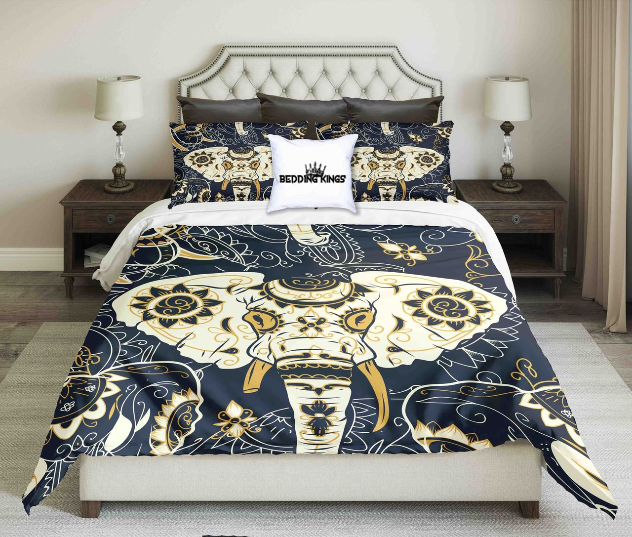 Golden Bohemian Elephant Kings 3D Customized Duvet Cover Bedding Set
