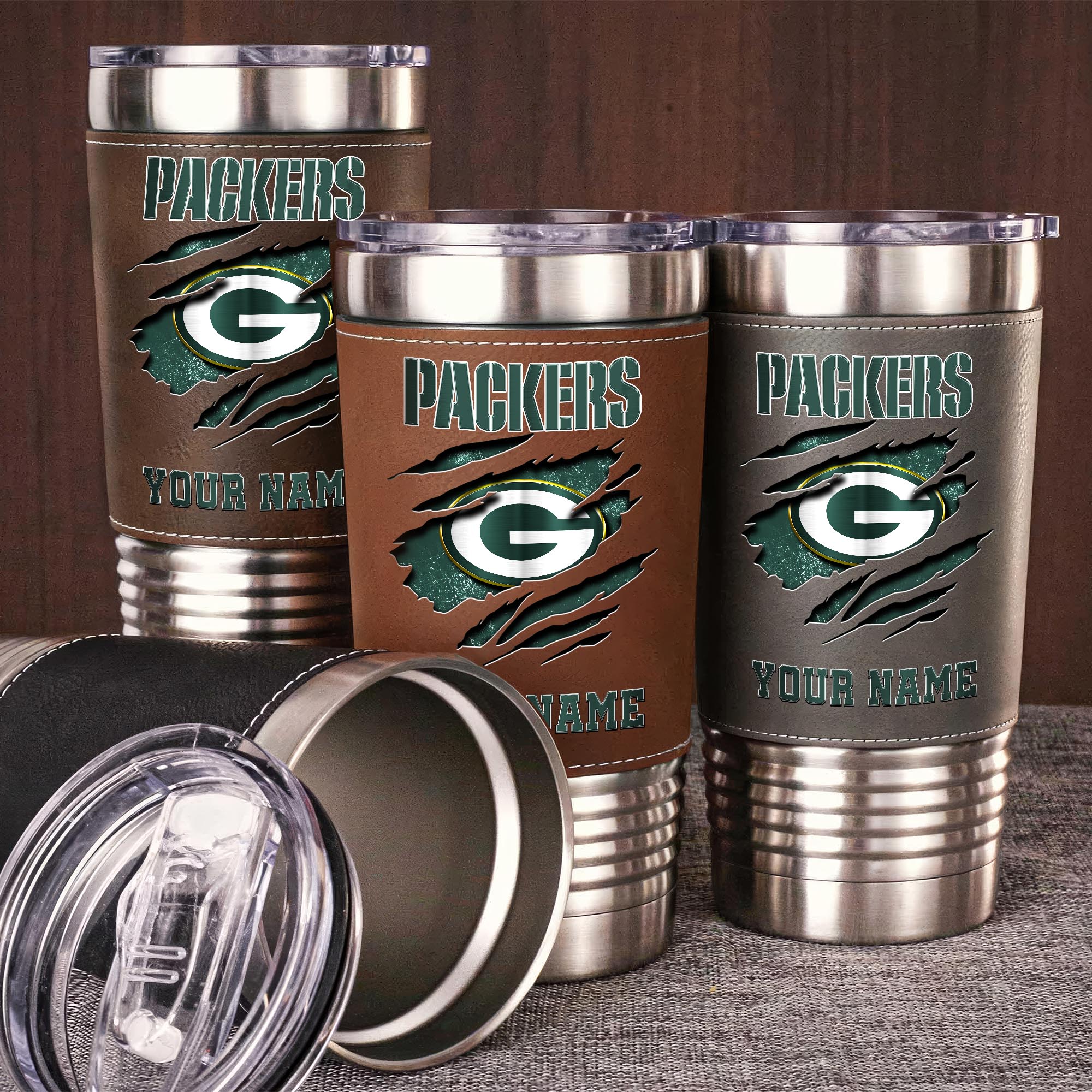 Green Bay Packers 20 Oz Leather Tumbler Custom Your Name, Sport Gift For Fans 