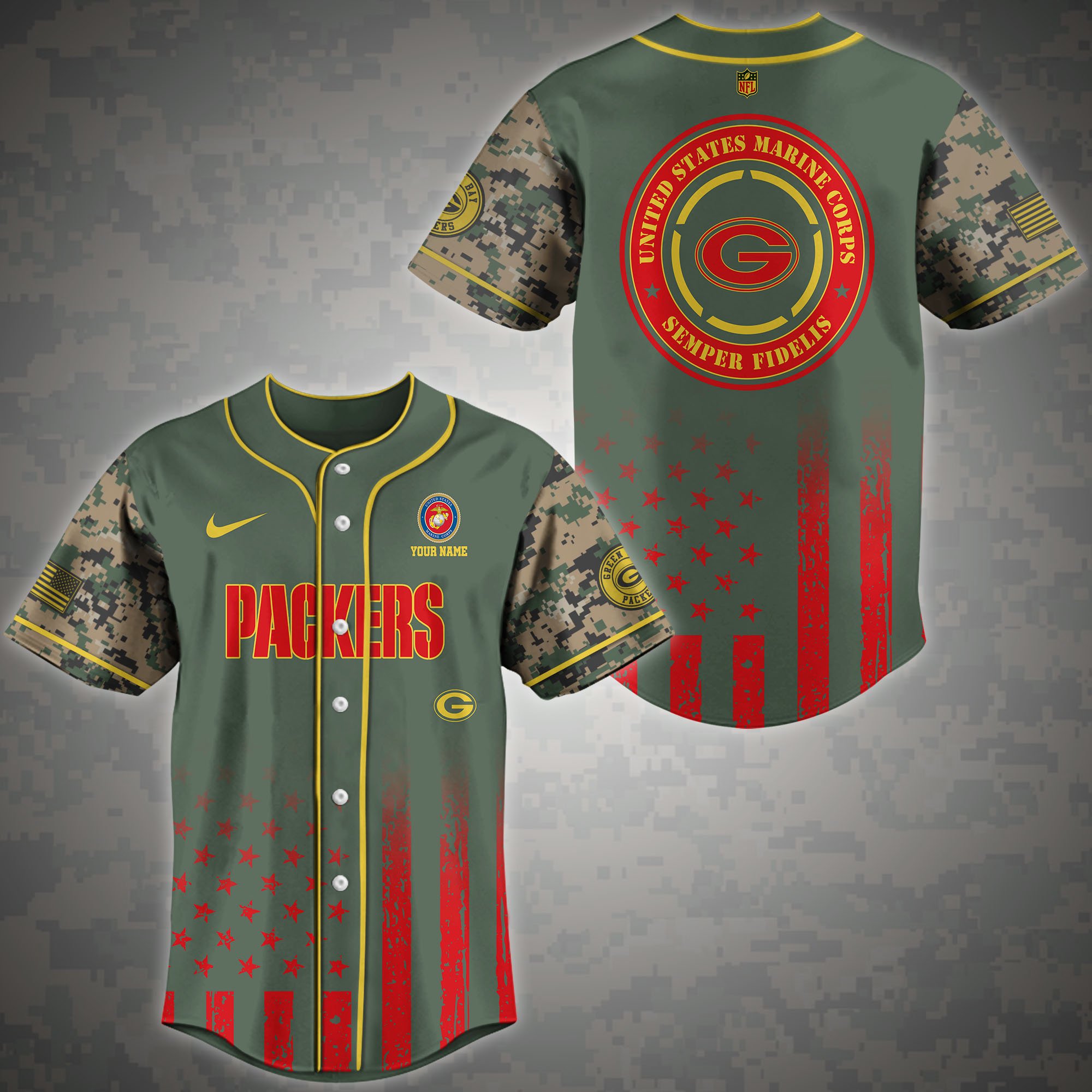 Green Bay Packers Baseball Shirt Custom Name, Sport Team And Marines Shirt, Gifts For Fan