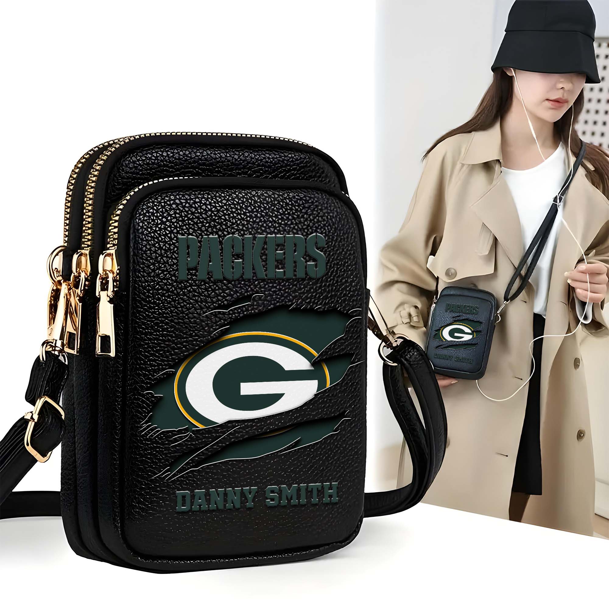 Green Bay Packers Customized Womens Mobile Phone Bag With Your Name, Leather Crossbody Bag, Fan Gifts