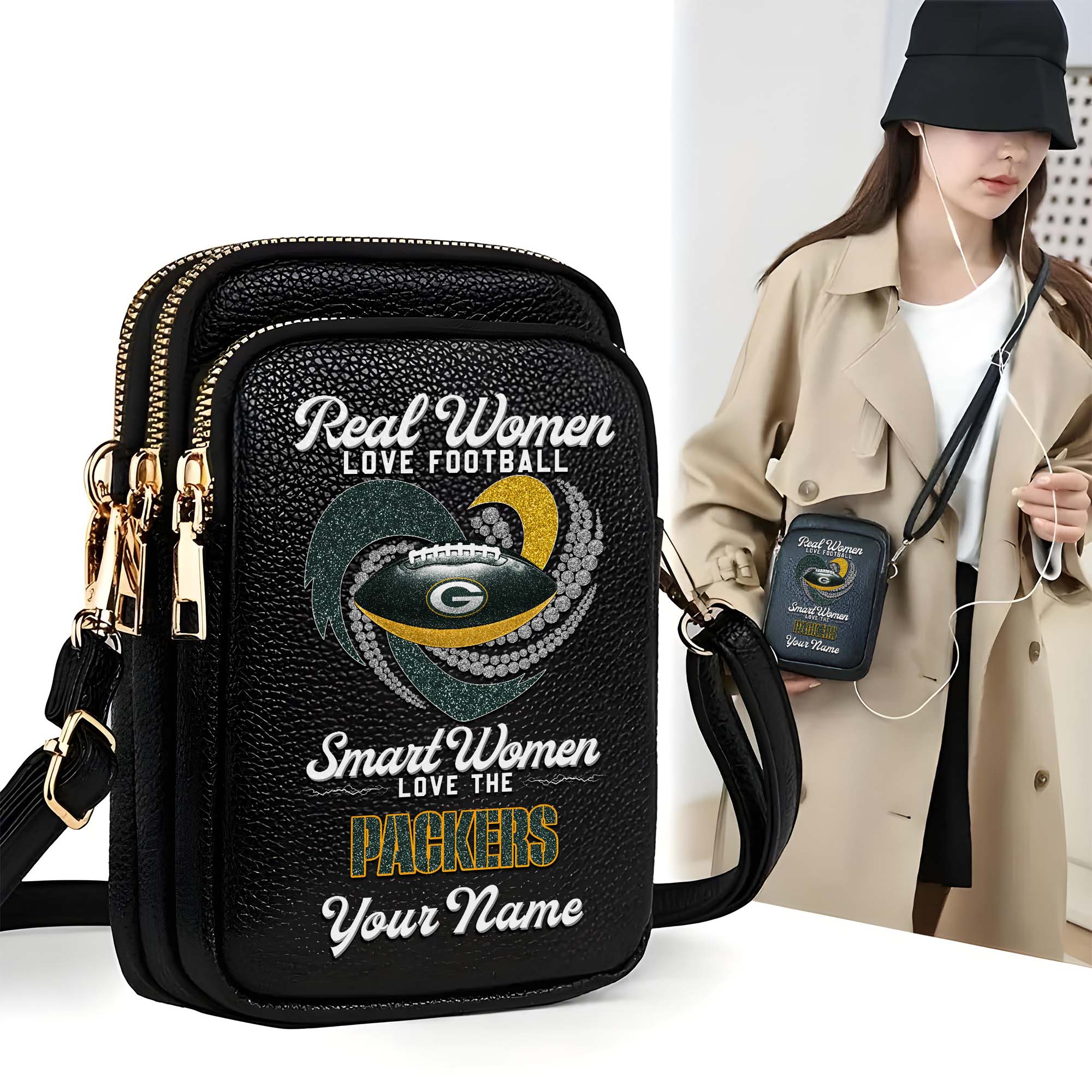 Green Bay Packers Customized Womens Mobile Phone Bag With Your Name, Leather Crossbody Bag, Fan Gifts