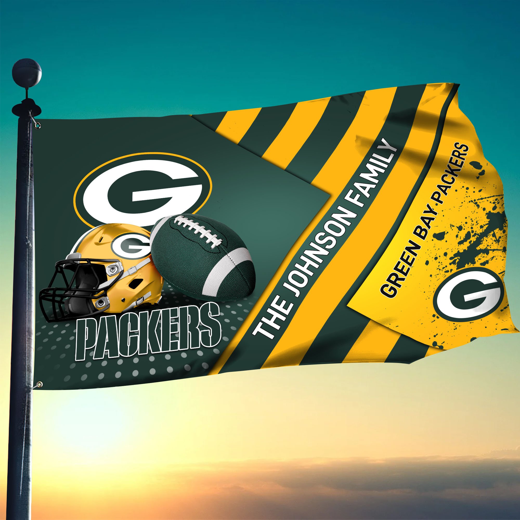 Green Bay Packers Flag 3X5ft 4X6ft Custom Your Family Name, Sport Team Flag, Sport Gifts