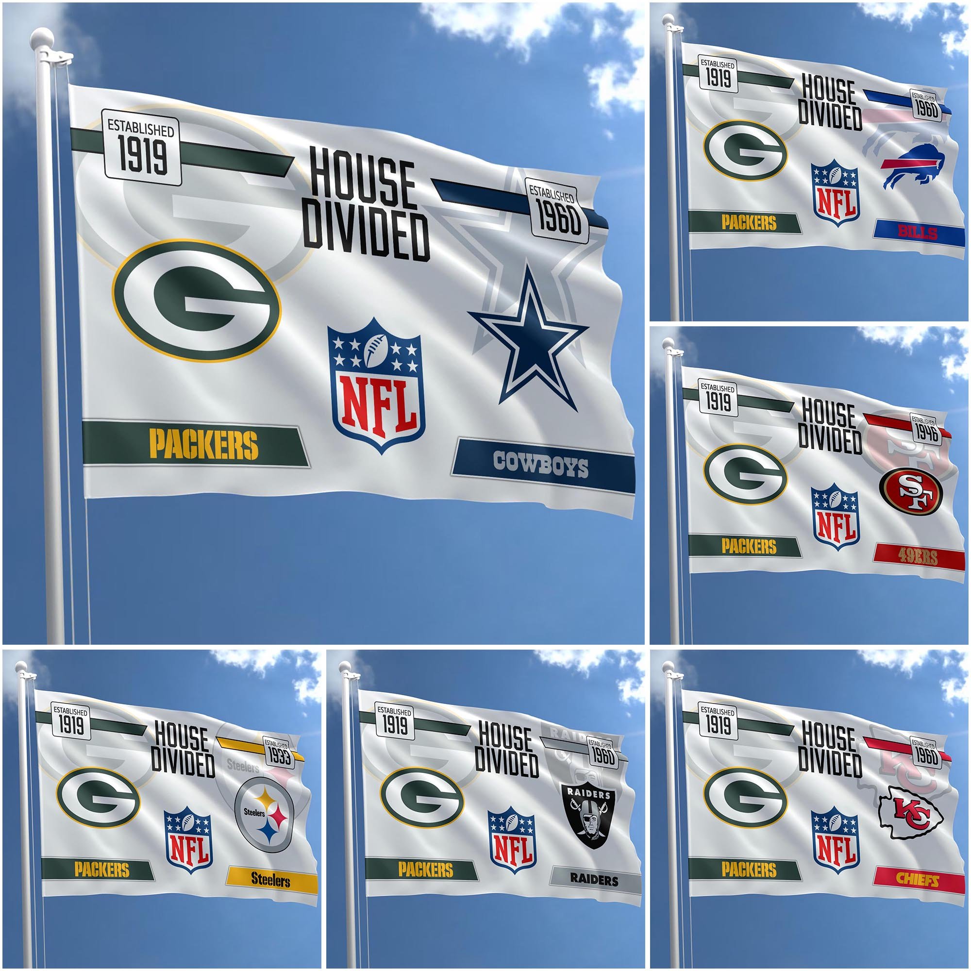 Green Bay Packers Flag 3X5ft Choose Any Team, House Divided Flag, Home Decors