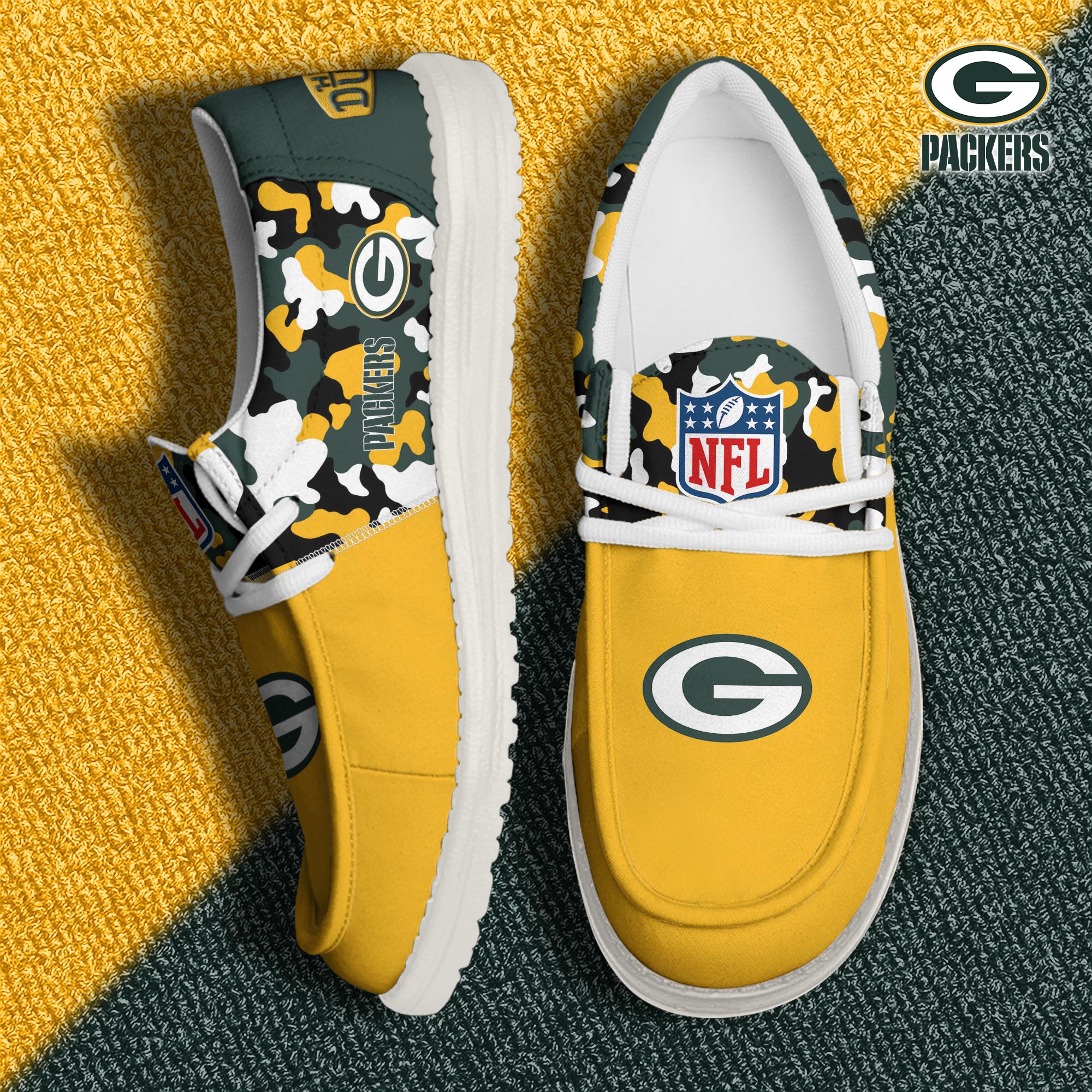 Green Bay Packers Football Hey Dude Canvas Loafer Shoes Custom Your Name, Sport Shoes For Fan, Fan Gifts