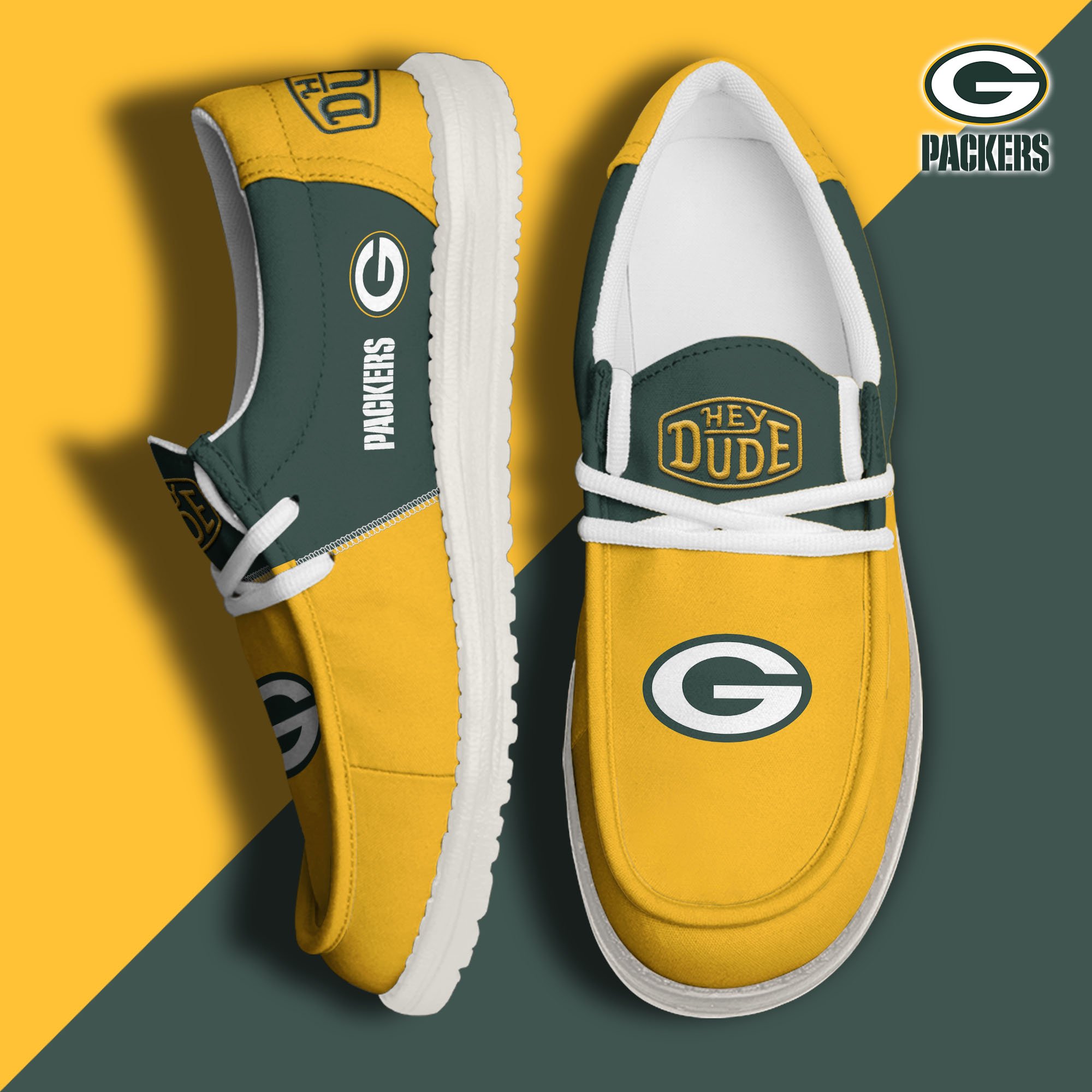Green Bay Packers Football Hey Dude Canvas Loafer Shoes Custom Your Name, Sport Shoes For Fan, Fan Gifts