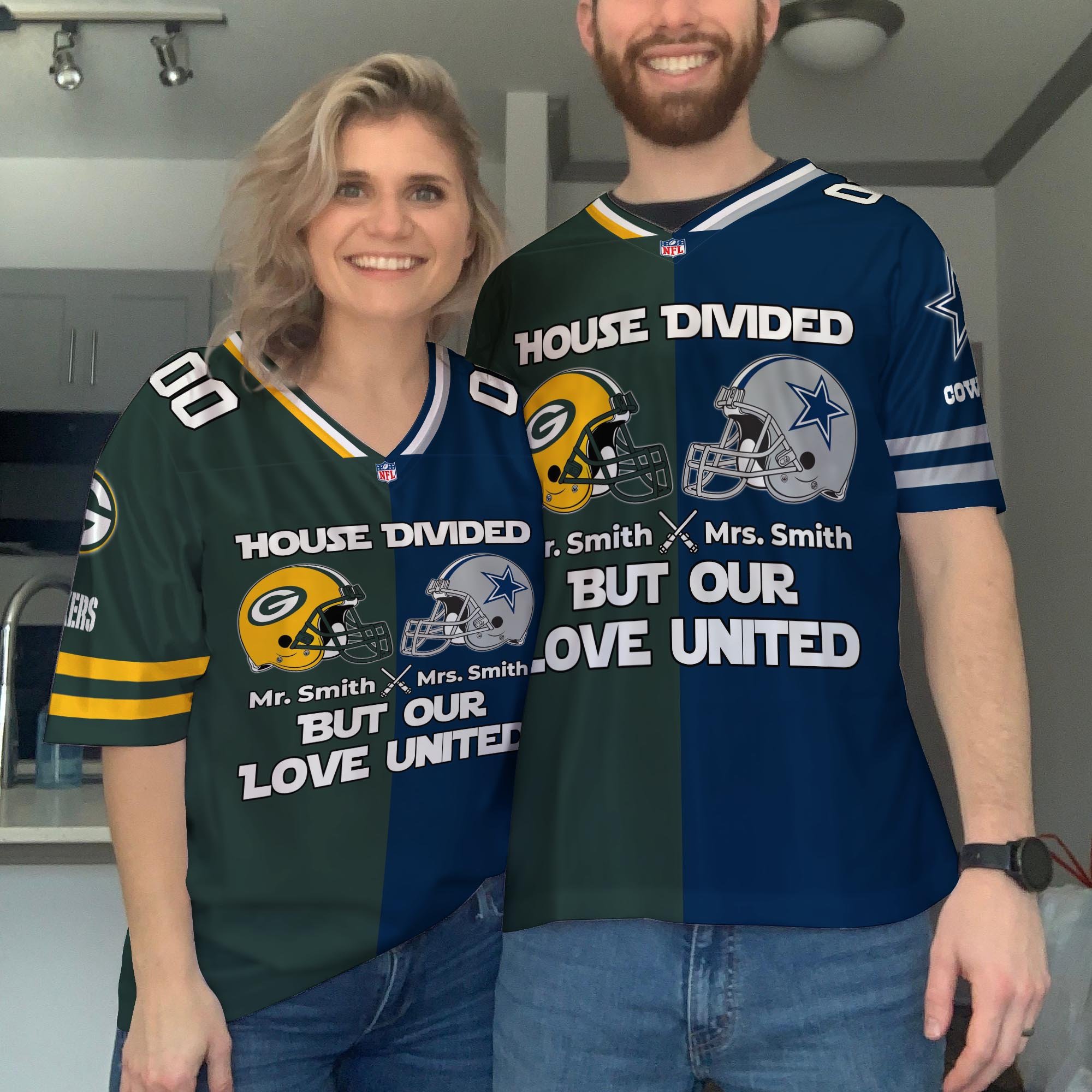 Green Bay Packers Football Jersey Custom Husband, Wife Name And Number, House Divided Jersey For Fan