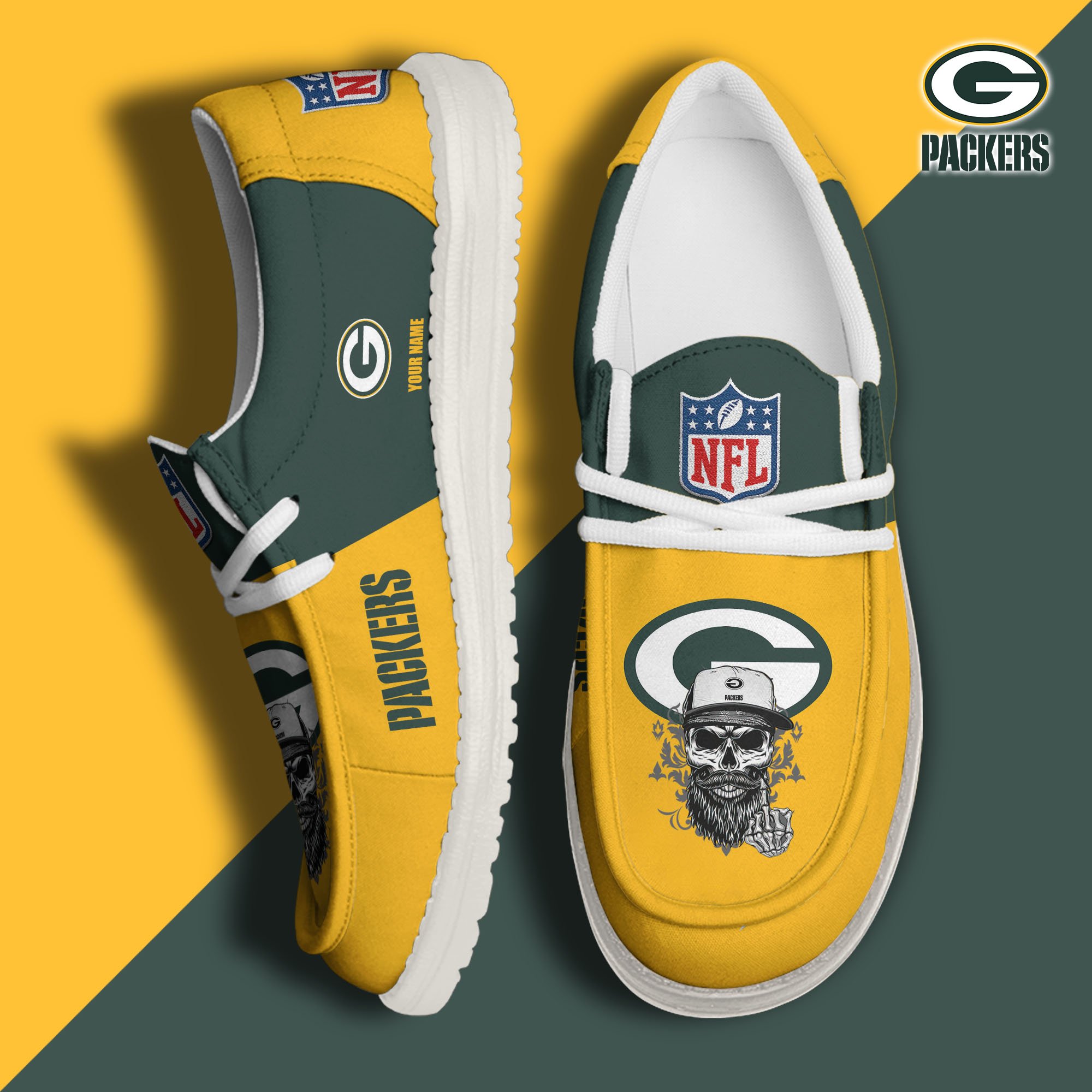 Green Bay Packers H D White Canvas Loafer Shoes Custom Your Name, Sport Canvas Loafer Shoes