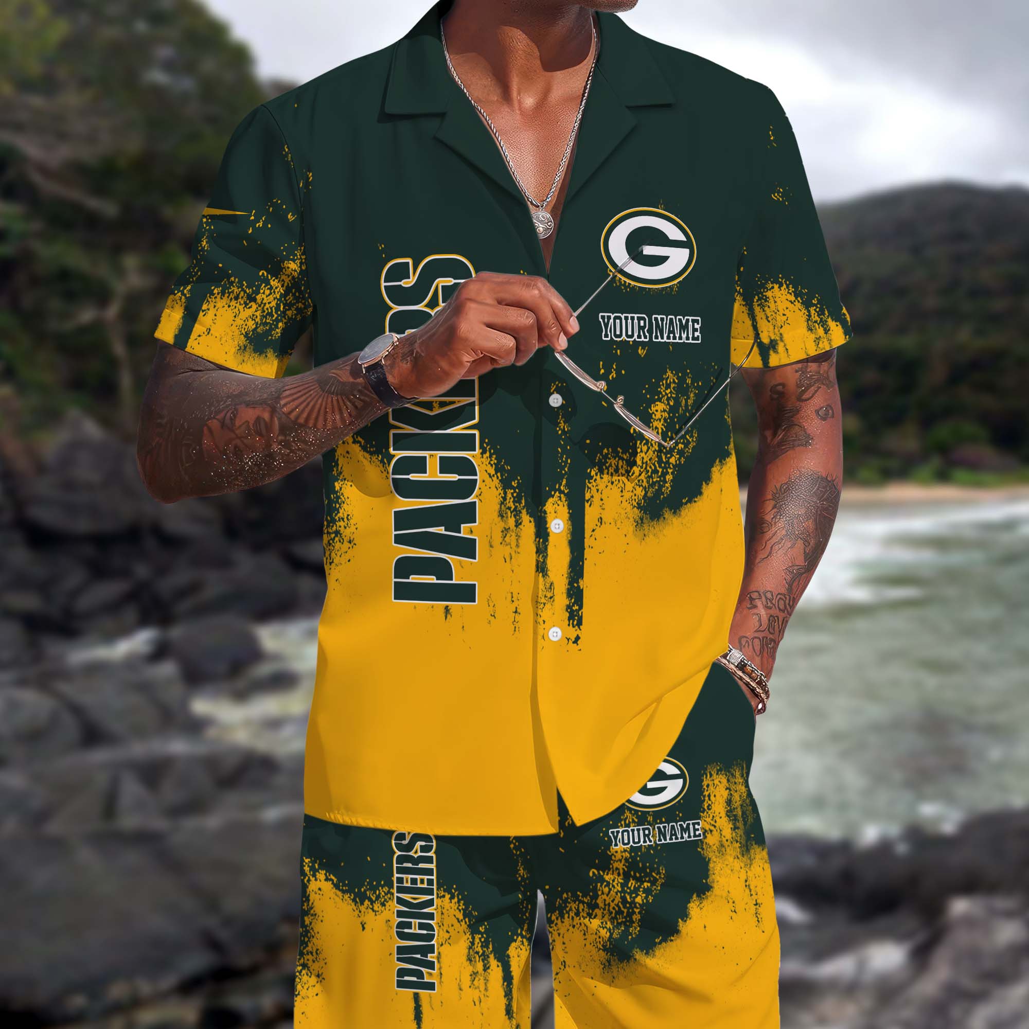 Green Bay Packers Hawaiian Shorts Set Custom You Name, Sport Shorts, Gifts For Fan