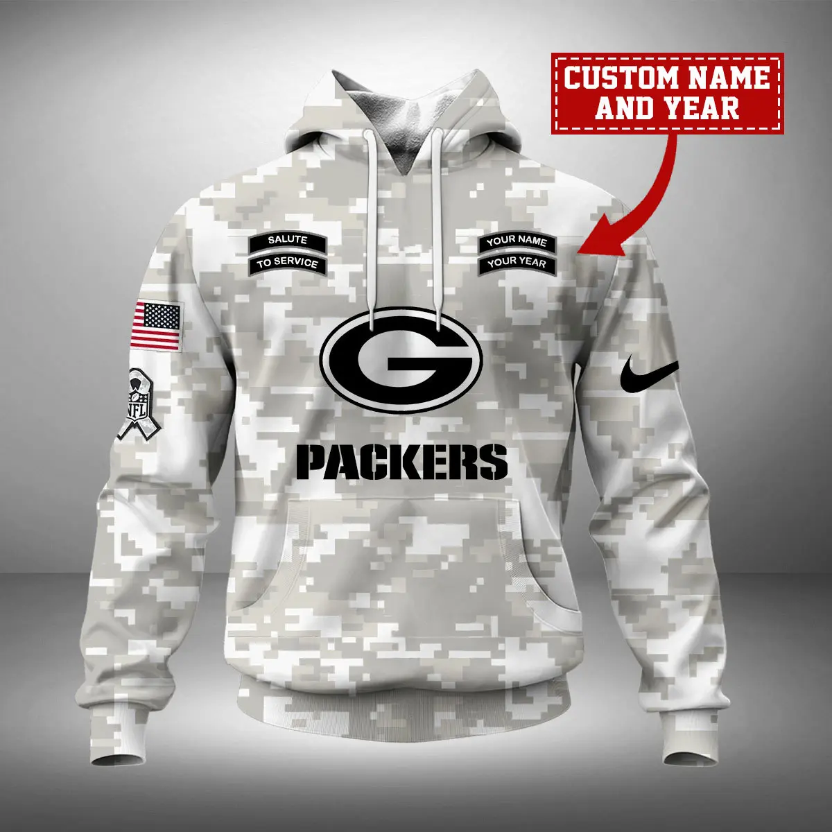 Green Bay Packers NFL Arctic Camo 2024 Salute To Service Custom Name And Year Unisex Hoodie WUH1013