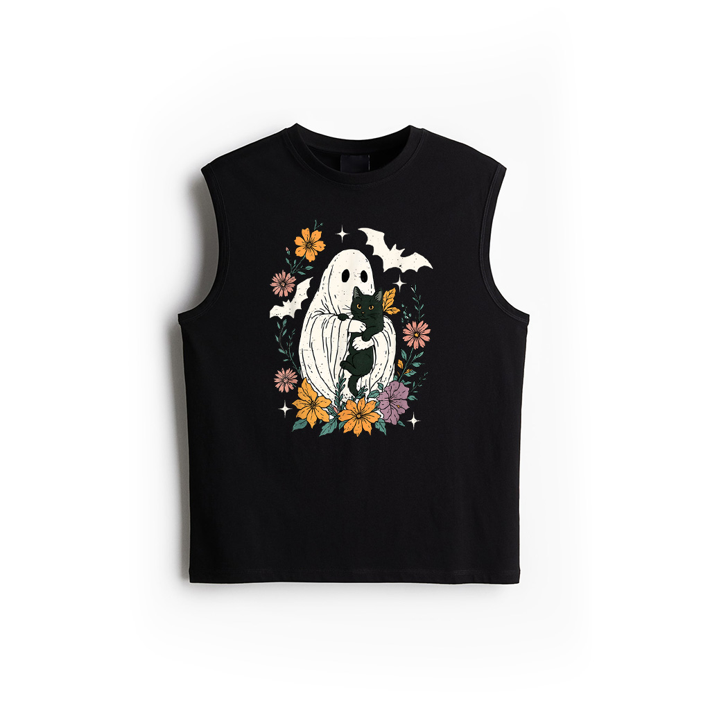 Groovy Floral Halloween Spooky Ghost Holding Black Cat Goth Tank Top