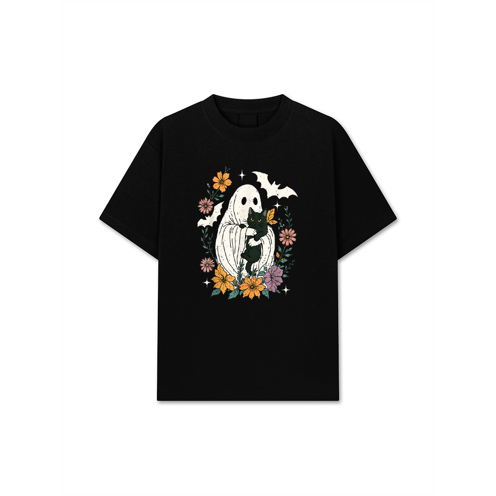 Groovy Floral Halloween Spooky Ghost Holding Black Cat Goth T-Shirt