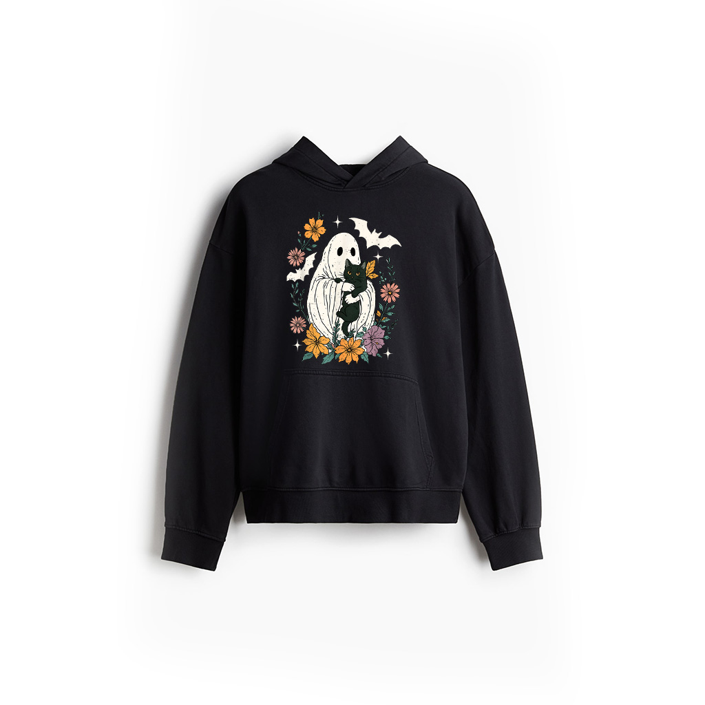 Groovy Floral Halloween Spooky Ghost Holding Black Cat Goth Hoodie
