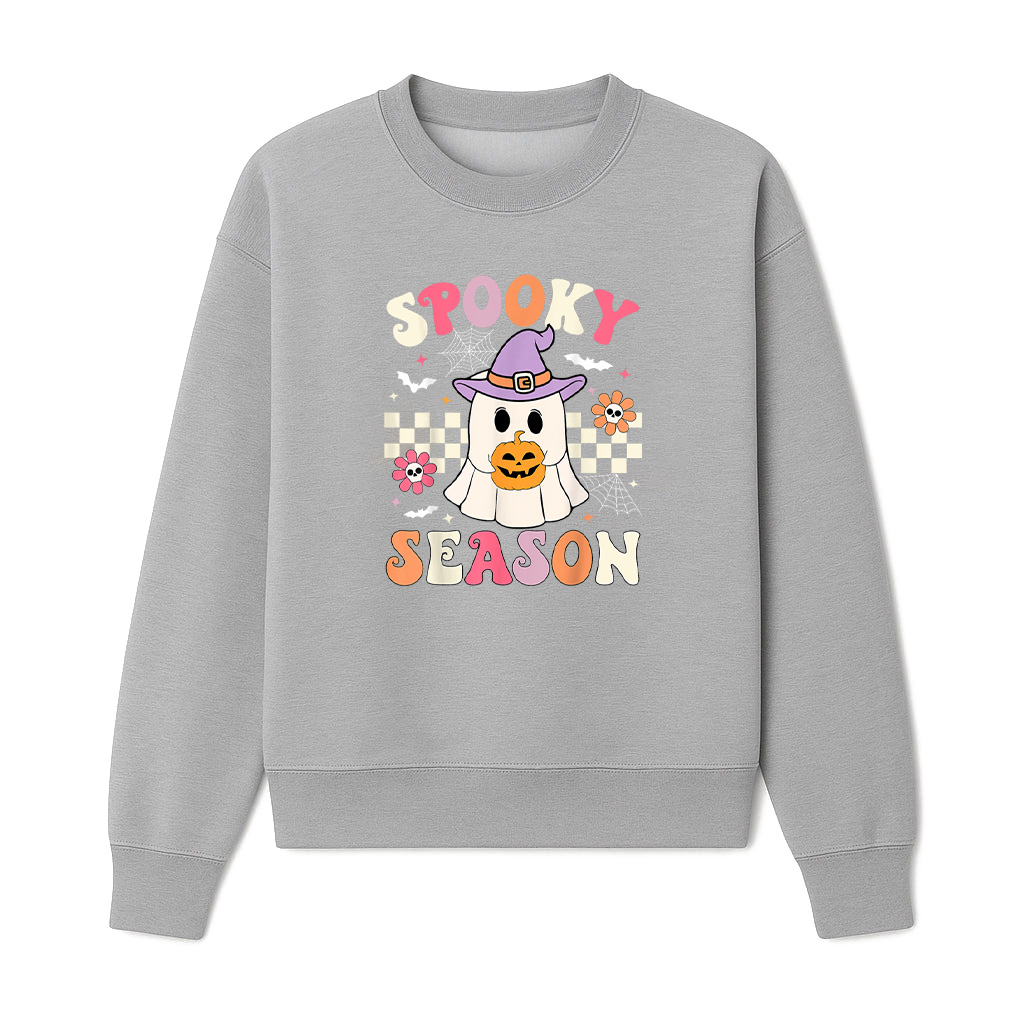 Groovy Spooky Season Retro Ghost Holding Pumpkin Halloween Sweatshirts 06-10-2025