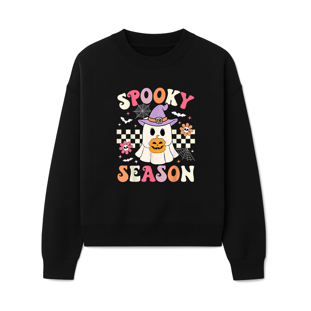 Groovy Spooky Season Retro Ghost Holding Pumpkin Halloween Sweatshirts 06-10-2025