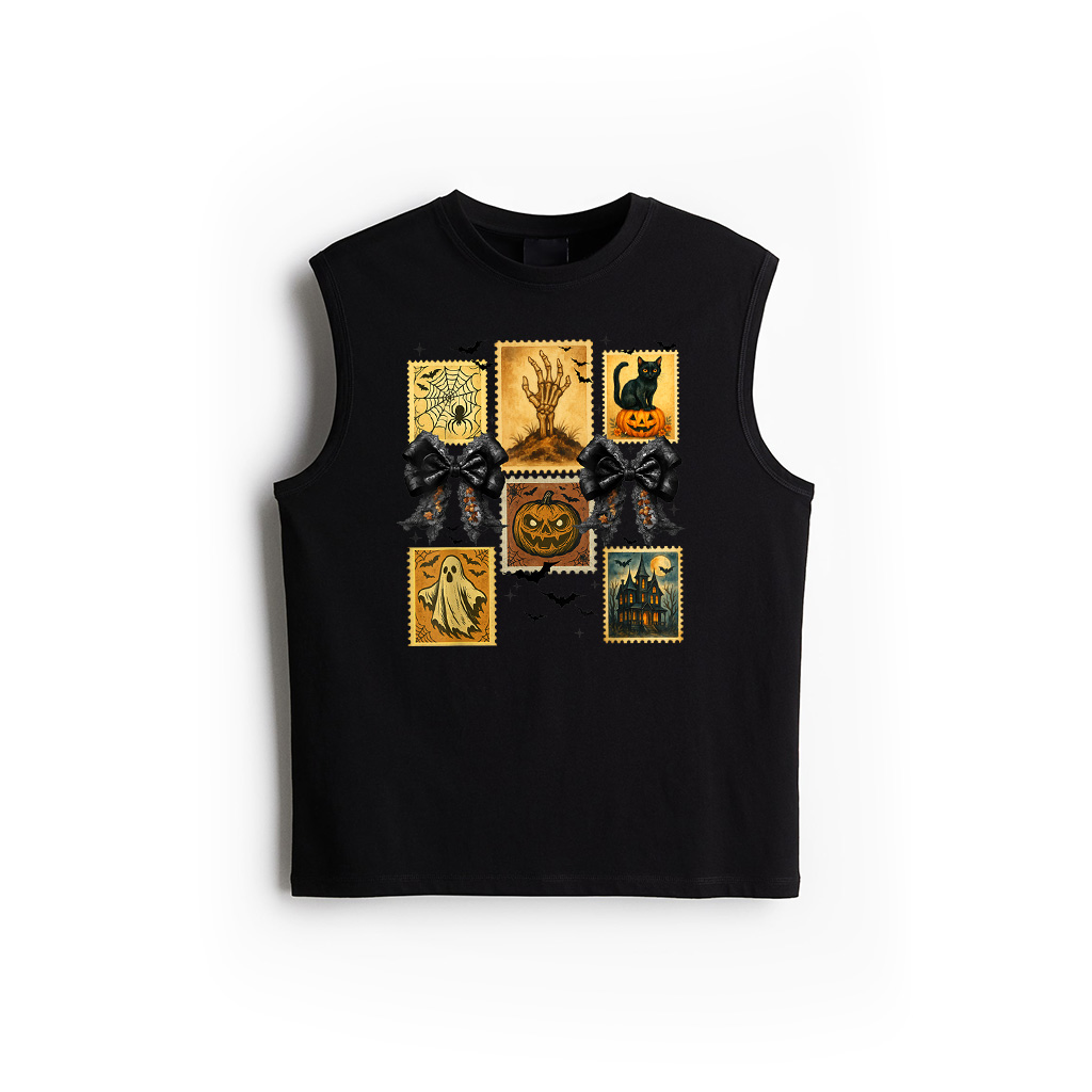 Halloween Stamp Vintage Ghost Spooky Season Pumpkin Cat Tank Top