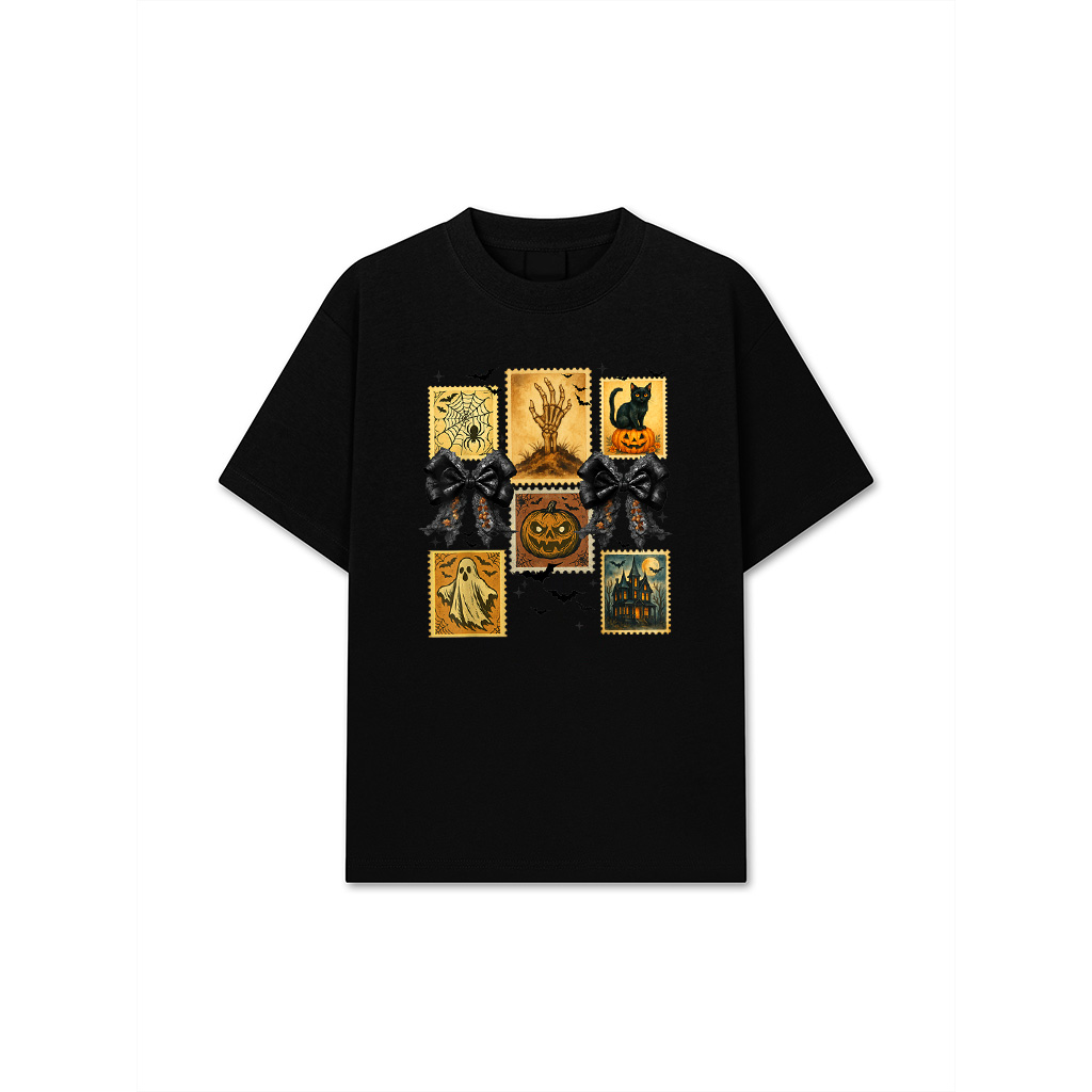 Halloween Stamp Vintage Ghost Spooky Season Pumpkin Cat T-Shirt