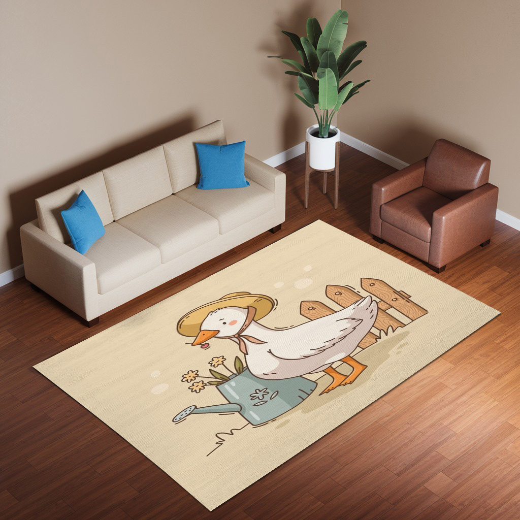 Hand Drawn Cottagecore Duck Wearing Hat On The Farm Rug